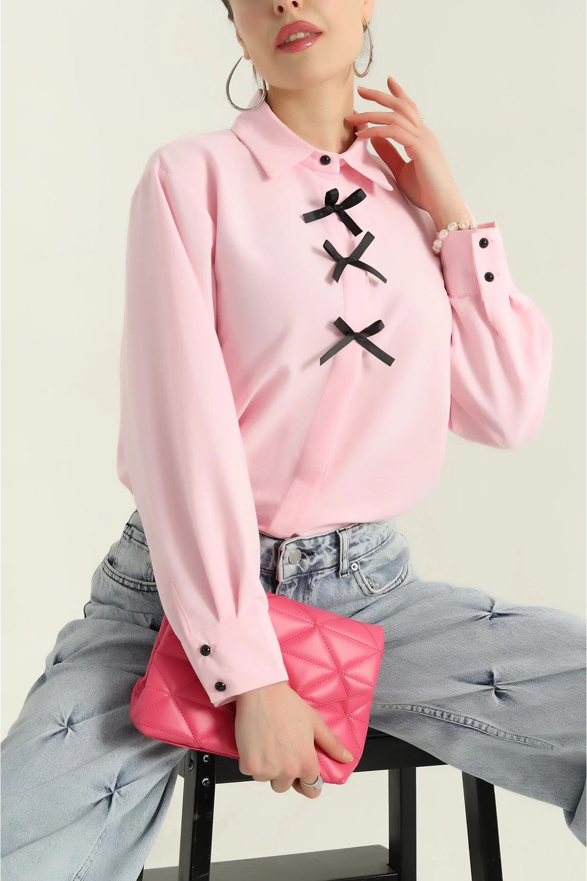 vuvutasarım-New Season Powder Bow Detail Aerobin Women's Shirt 4