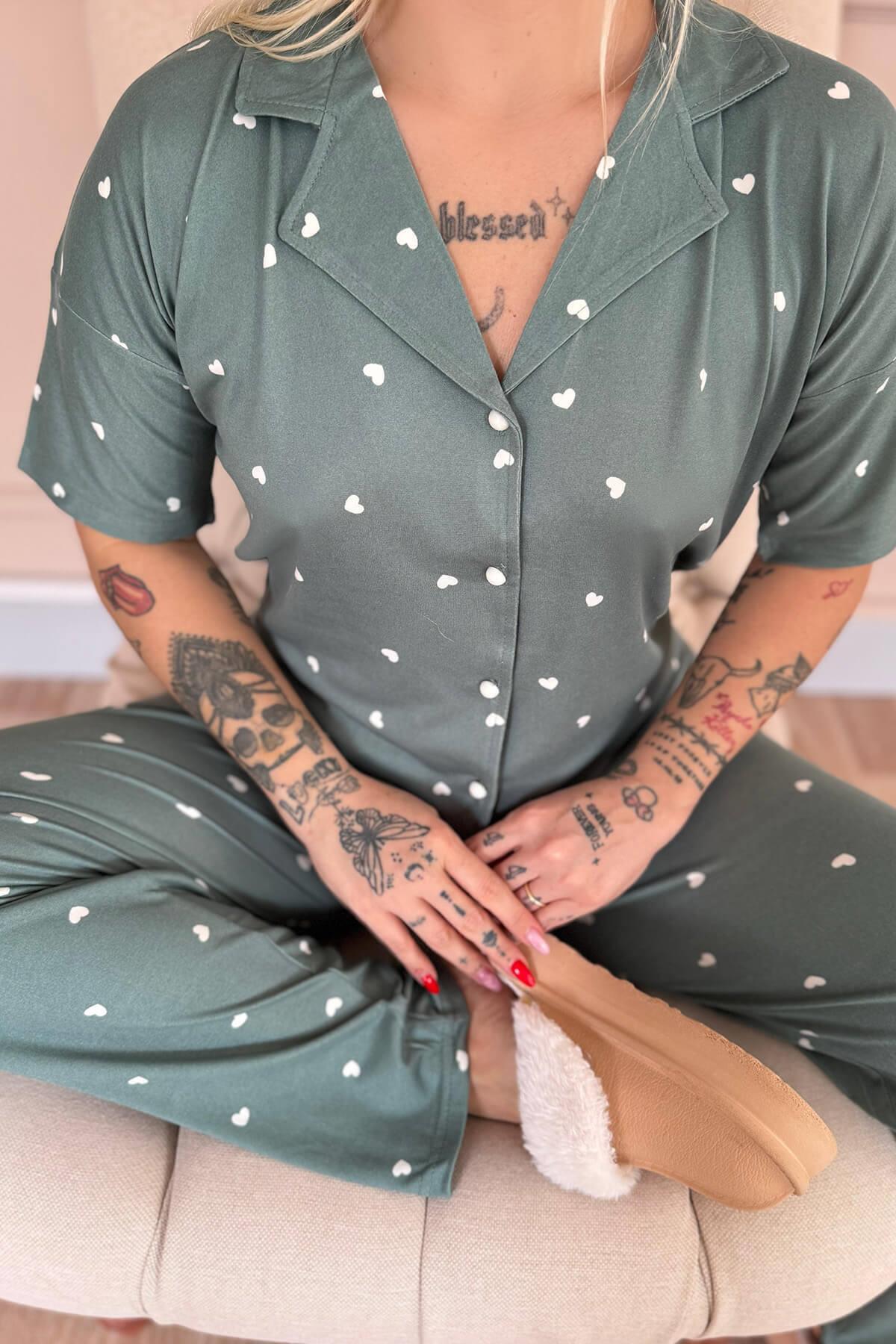 Yeşil Heart Desenli Bambu Önden Düğmeli Kısa Kol Pijama Takımı 6