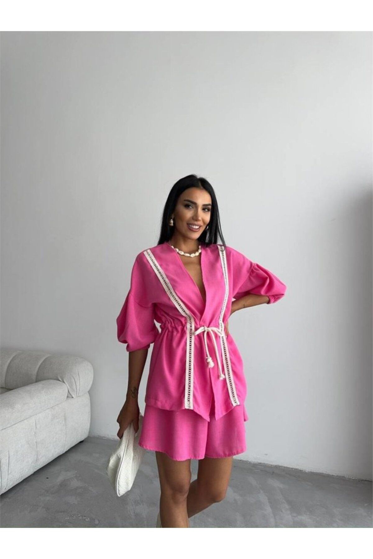 velmorafashion KETEN BEL BÜZGÜLÜ BLUZ-PANTOLON TAKIM - Fuşya