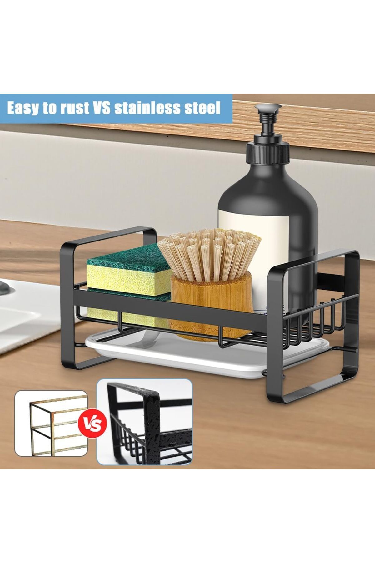 COOYA-Sink Shelf, Soap Sponge Drain Rack Holder, Rustproof Stainless Steel Dish Sponge Organizer 3