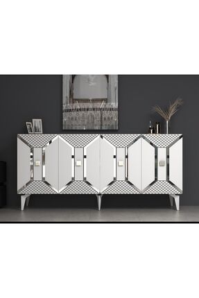 cantek dizayn YUMMEDİ PLEKSİ DESENLİ LAZER ÇİZGİLİ KONSOL BEYAZ-GÜMÜŞ