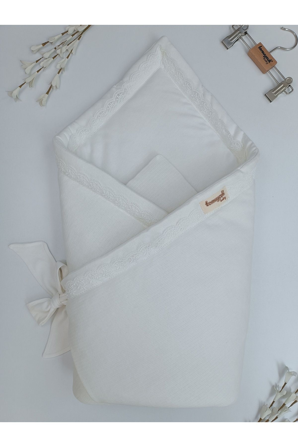 Tomuycuk Ekru Bebek Battaniyesi %100 Pamuklu Doğal Organik Uyku Kundağı Hastane Çıkışı Yenidoğan Hediyelik fotoğrafı 5 (önizleme)