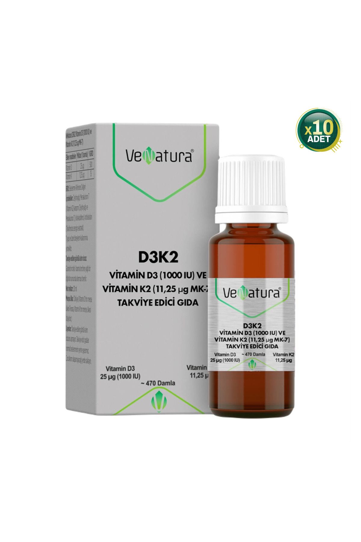 VeNatura D3k2 Vitamin D3 Ve K2 (11,25 MCG MK-7) Damla 20 ml - 10 Adet