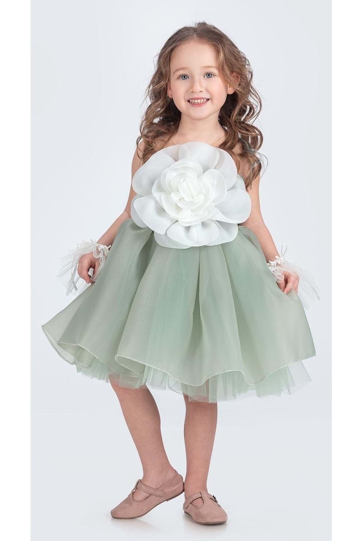 Mnk Baby&Kids Karolin Robası Çiçekli Bilekli Aksesuarlı Kız Çocuk Abiye Elbise M00724 AÇIK YEŞİL
