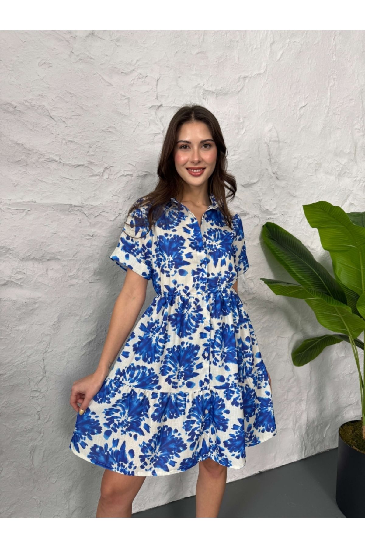 Elif Özbey Butik-Φόρεμα εκρού μπλε φλοράλ ελαστικό στη μέση 3
