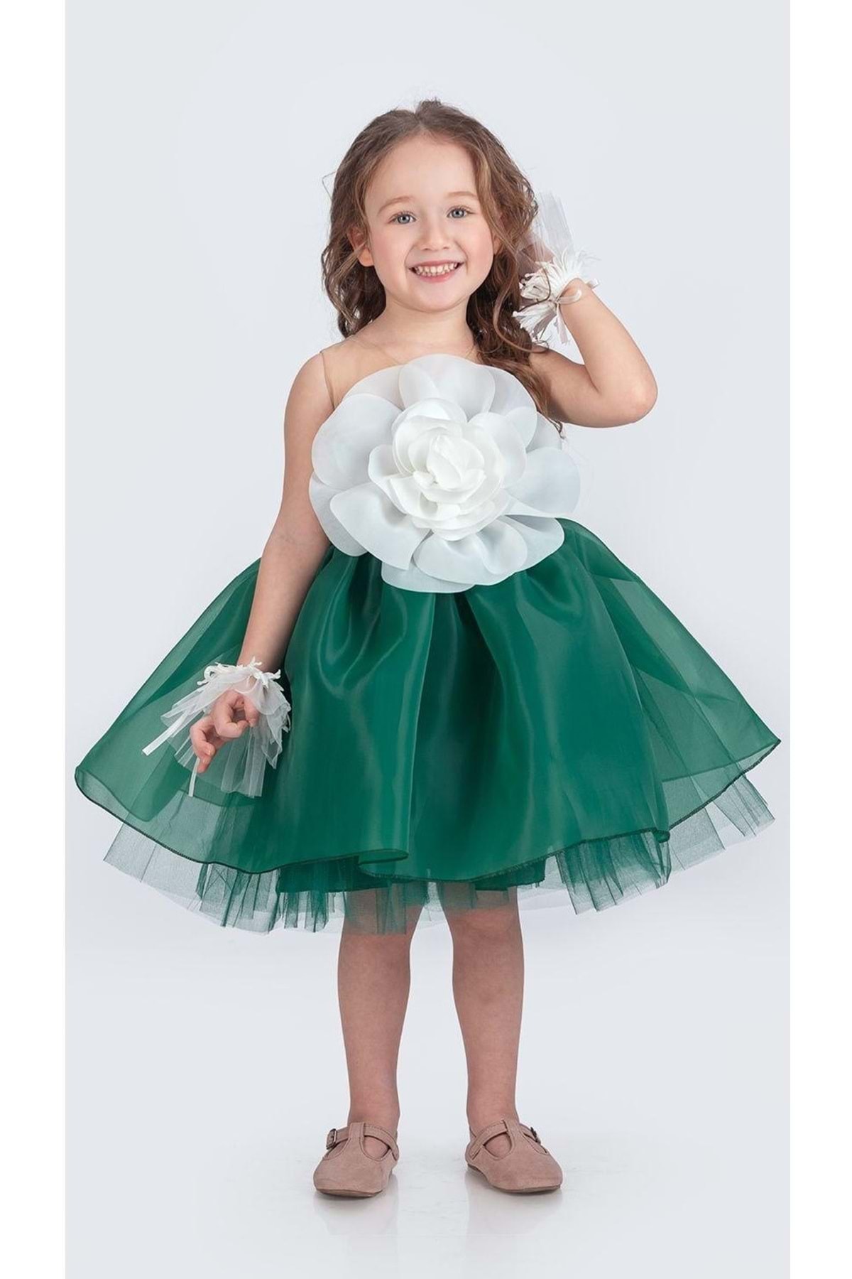 Mnk Baby&Kids Karolin Robası Çiçekli Bilekli Aksesuarlı Kız Çocuk Abiye Elbise M00724 YEŞİL