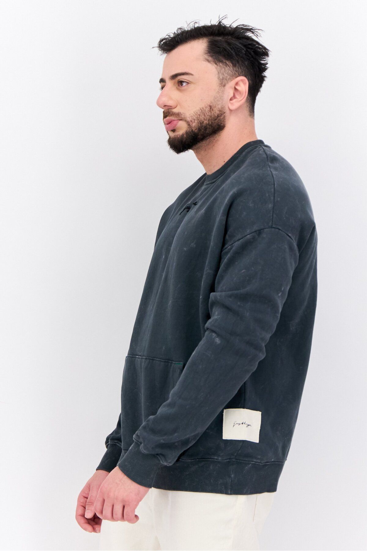 Just Hype x Jules-Men Crew Neck Washed Long Sleeves Sweatshirt, Dark Grey 2