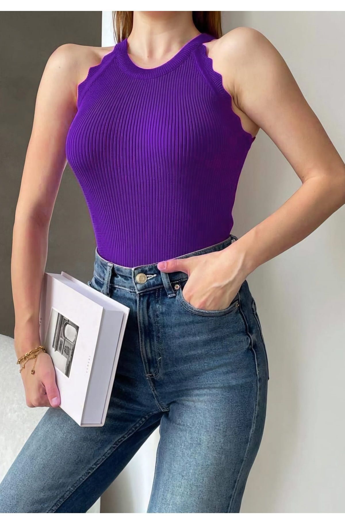 lovebox-Tricotaj elastic pentru femei, cu volane, fără mâneci, bluză de bază violet 0296 4