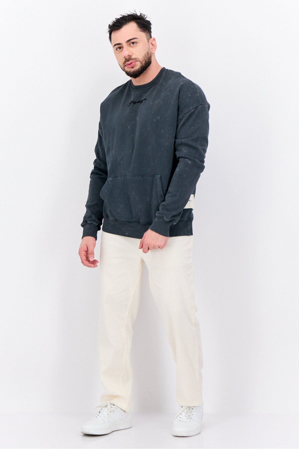 Just Hype x Jules-Men Crew Neck Washed Long Sleeves Sweatshirt, Dark Grey 4