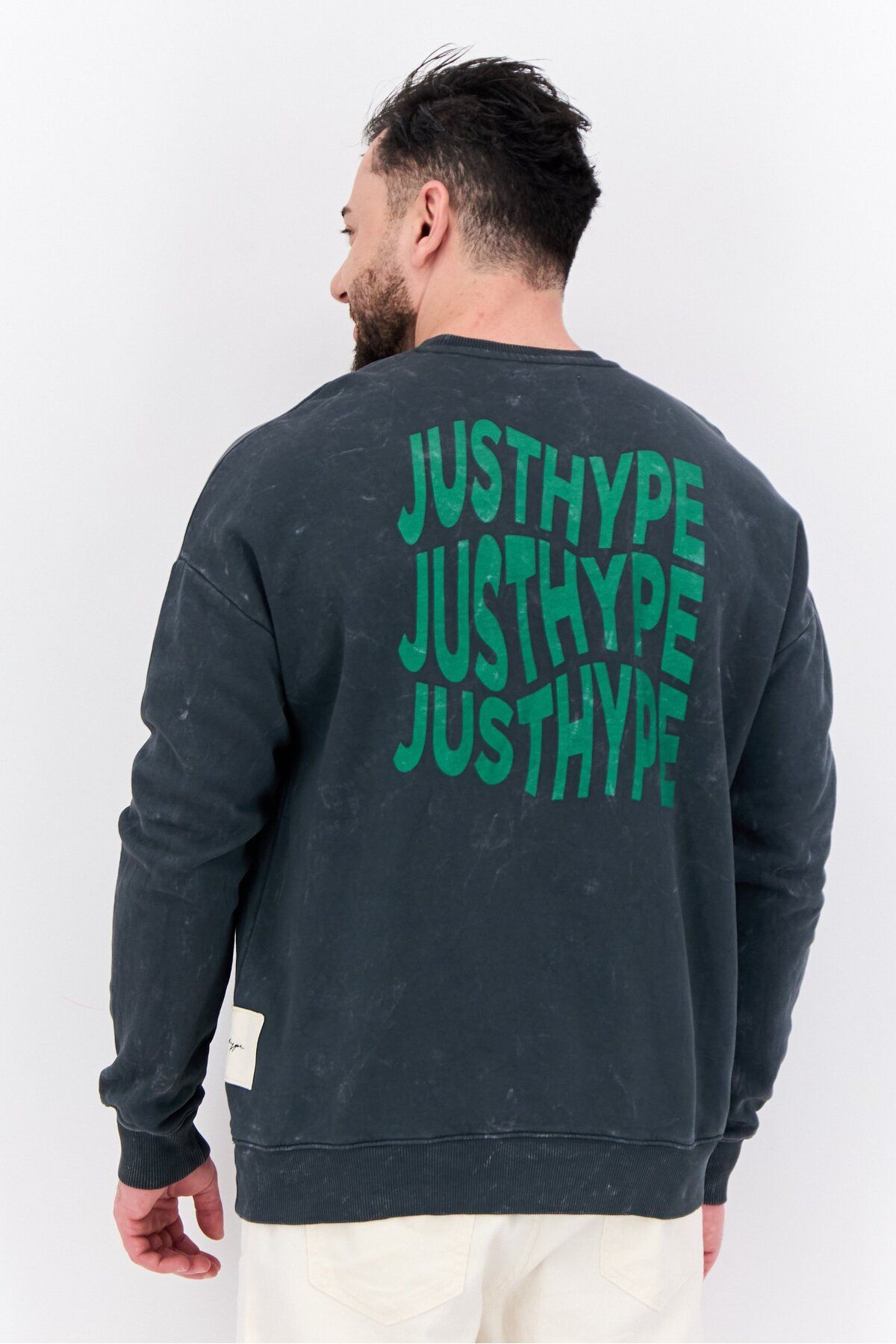 Just Hype x Jules-Men Crew Neck Washed Long Sleeves Sweatshirt, Dark Grey 3