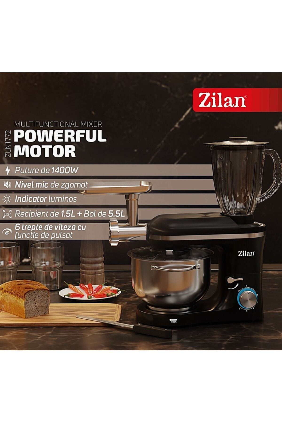Zilan-Mixer, blender si masina de tocat 3 in 1 Zilan ZLN1772 Negru, 6+1 nivele de control al vitezei 1400W 10