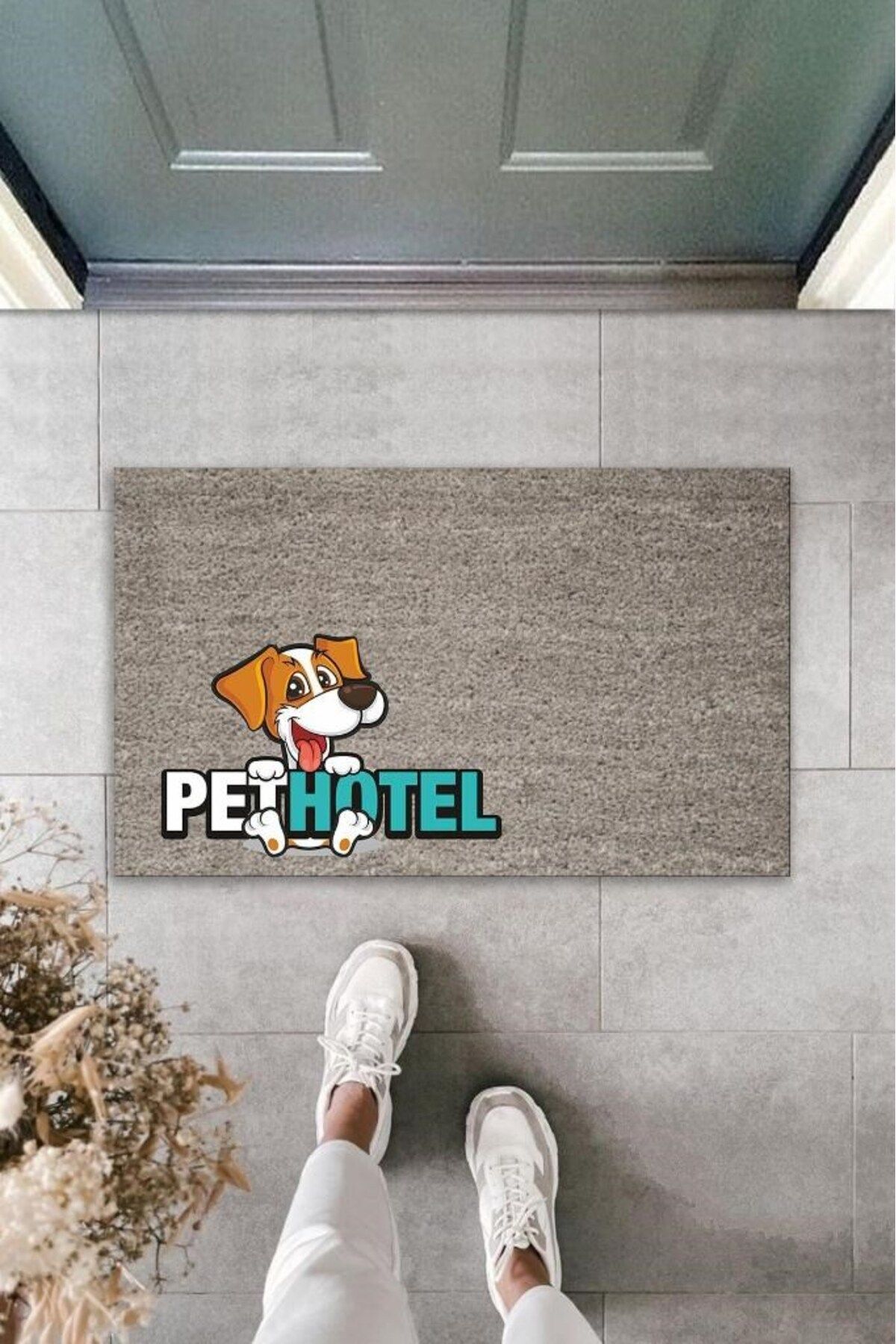 Tahtakale Toptancısı Dijital Baskı Gri Köpekli Pet Hotel Dekoratif Kapı Paspası K-2027
