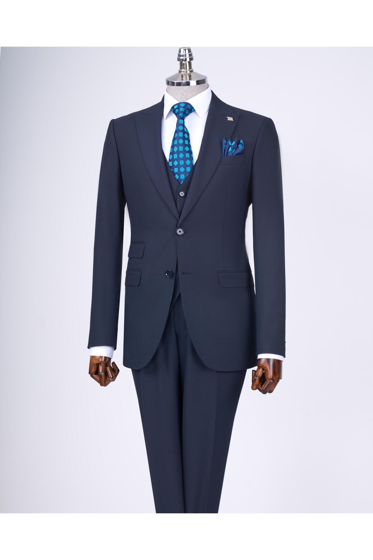 TerziAdemAltun İtalyan stil slim fit ceket yelek pantolon takım elbise lacivert T11393