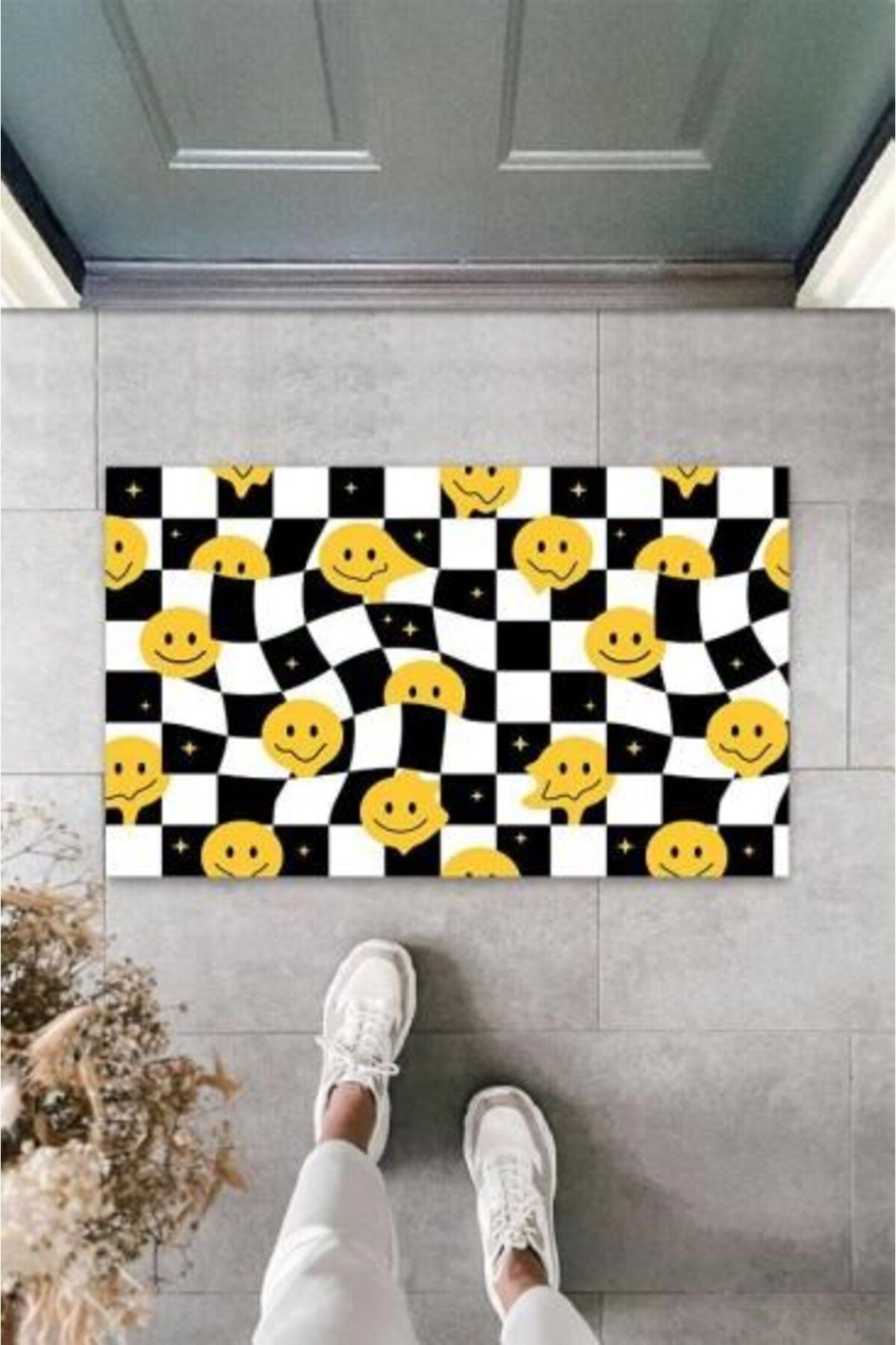Nurum E Tİcaret Dekoratif Dijital Gülen Emojiler Sarı-Siyah Kapı Paspası Dış Mekan Paspas K-3128