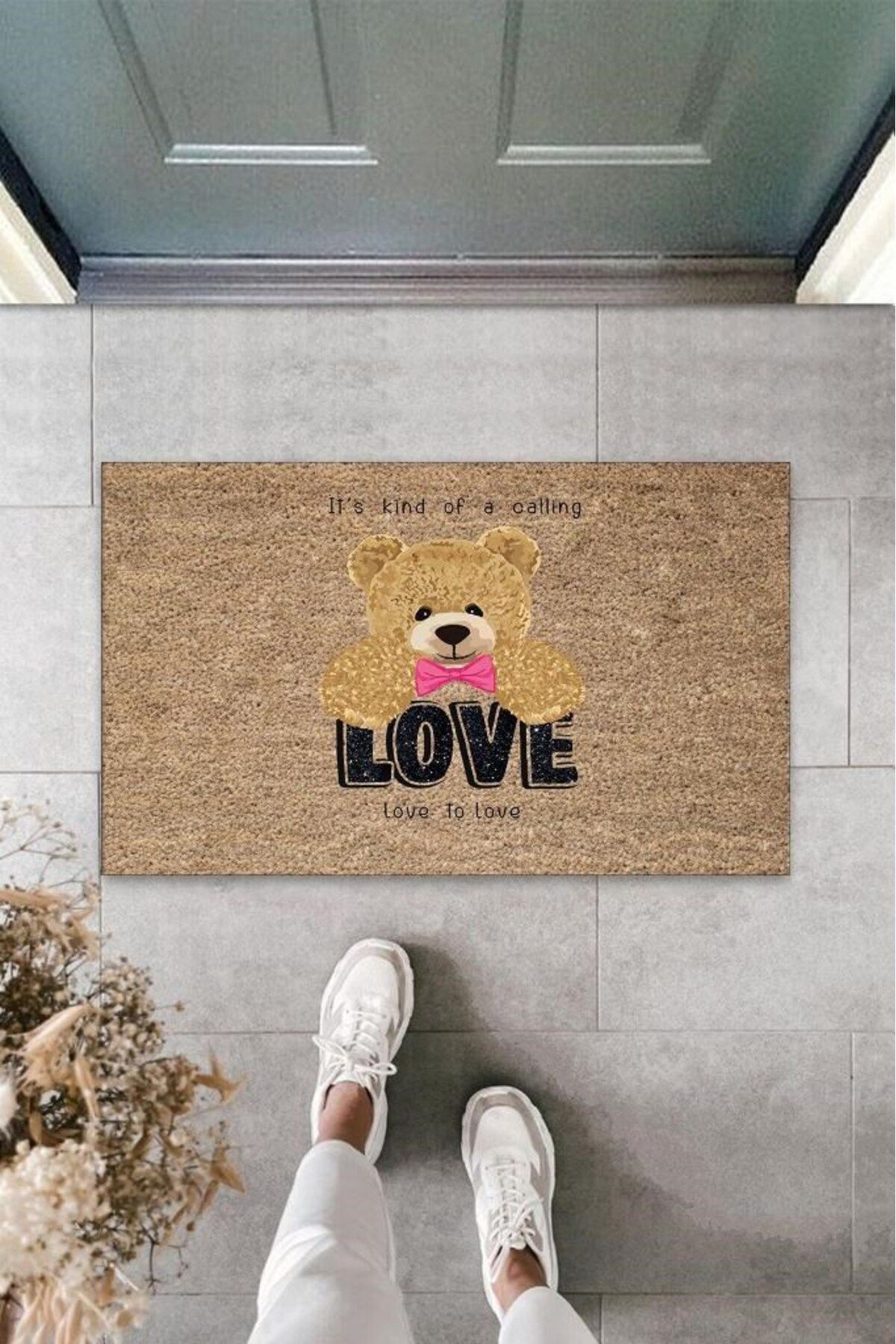 aydınbey Bej Kapı Önü Paspası Love To Love Ayıcık Desen K-3335