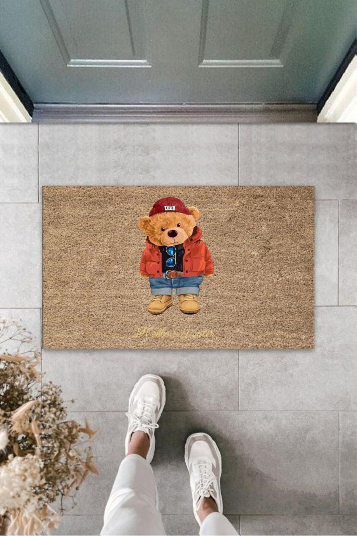 Tahtakale Toptancısı Kahverengi Kapı Önü Paspası Hello Winter Ayıcık Desen K-3245