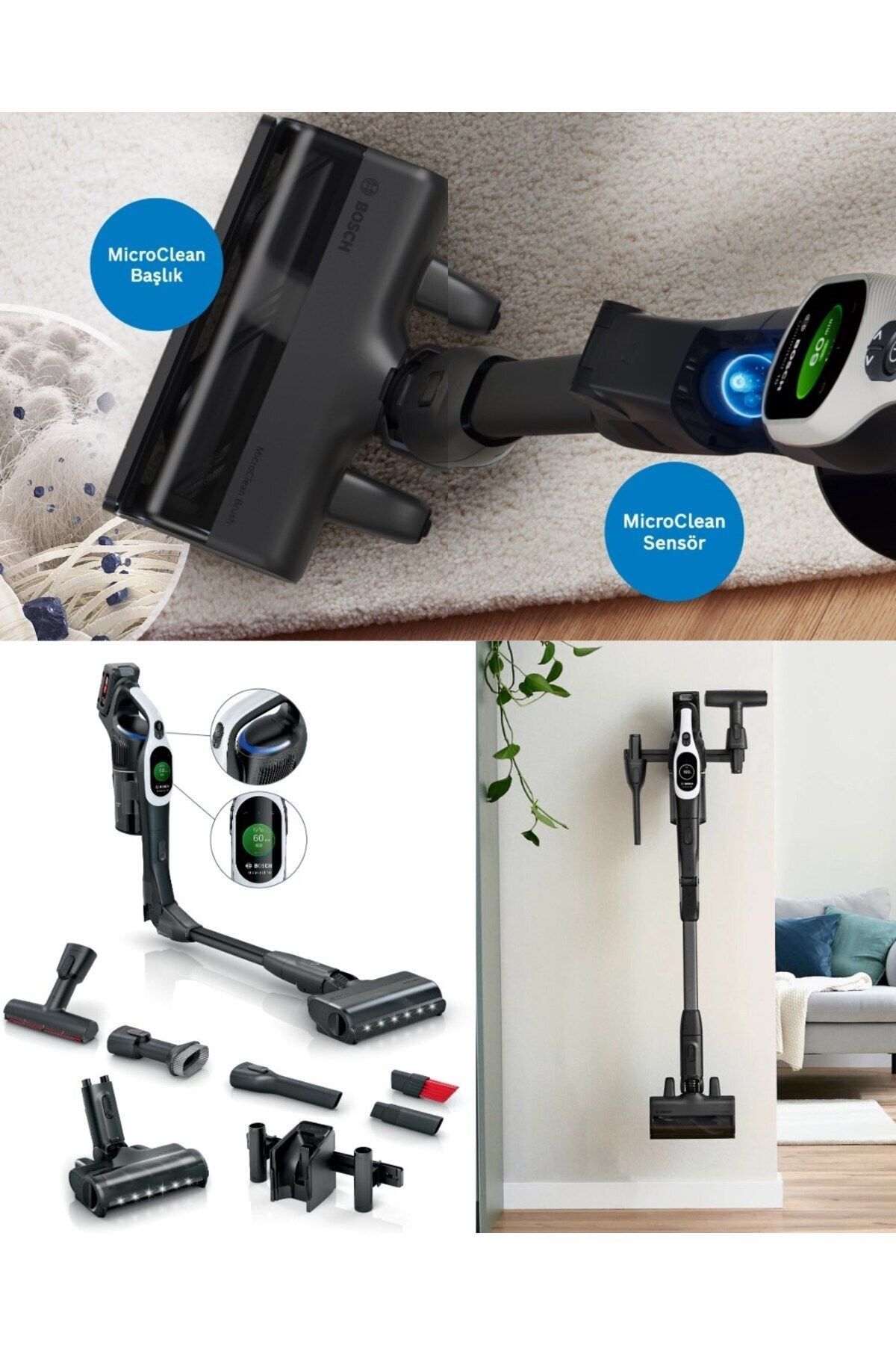 Bosch ÇİFT batarya 160dk Temizlik Unlimited 10 Dijital TurboSpinMotor Premium BCS104 Şarjlı Dikey Süpürge