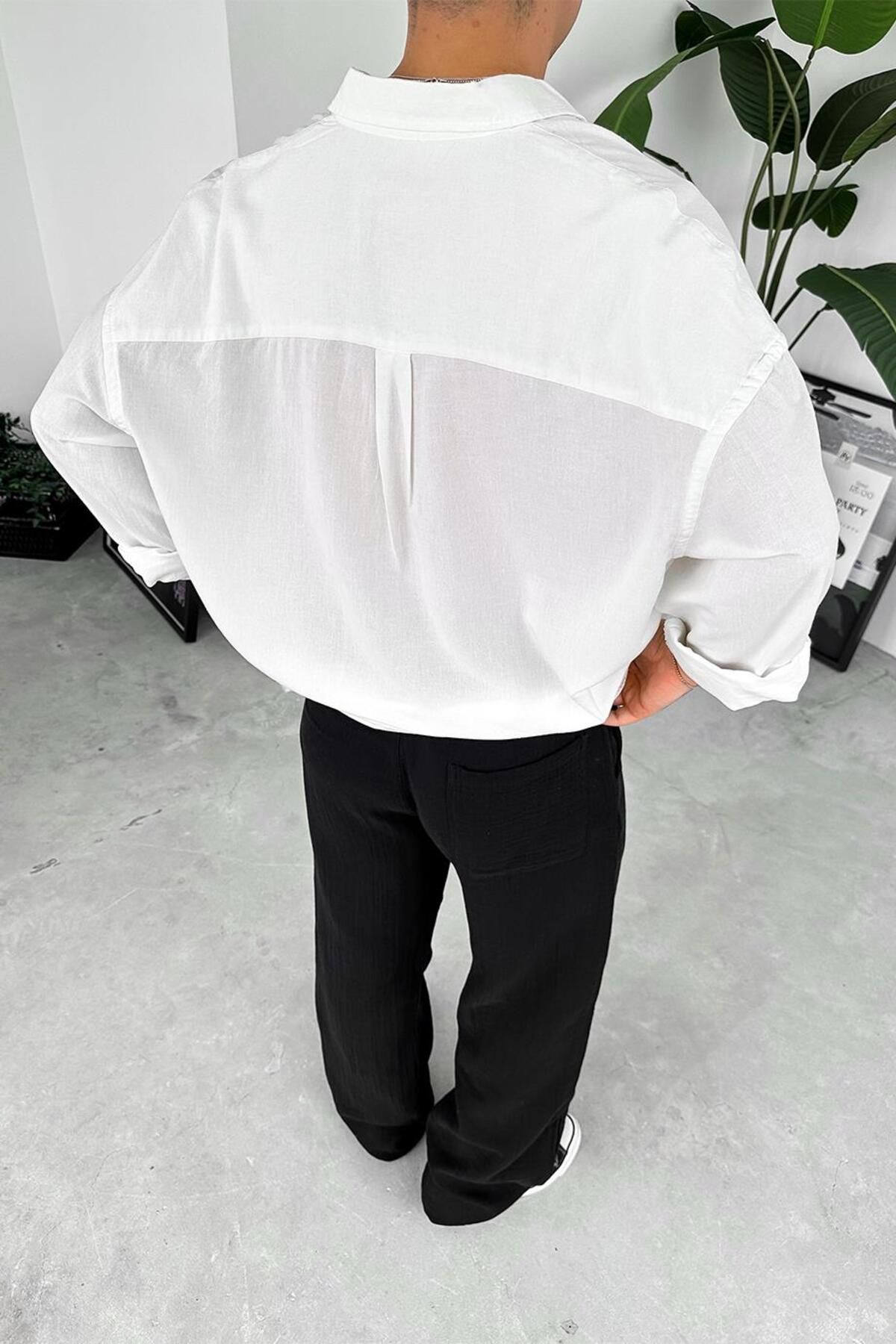 HAFKAGİYİM-Πουκάμισο Ecru Old Money Basic Linen Oversize 4