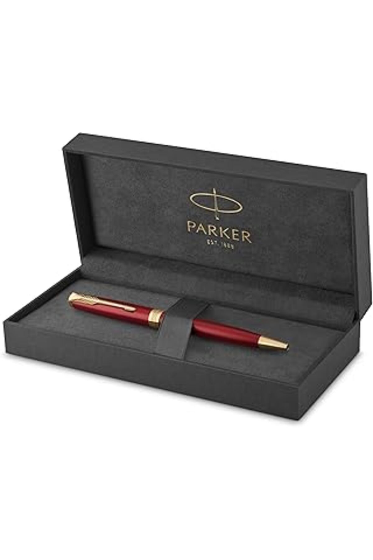 Mu Art Ahşap Parker Sonnet Lake Kırmızı Altın Tasarımlı Tükenmez Kalem, Orta Kalınlıkta Uç, Mavi Mürekkep