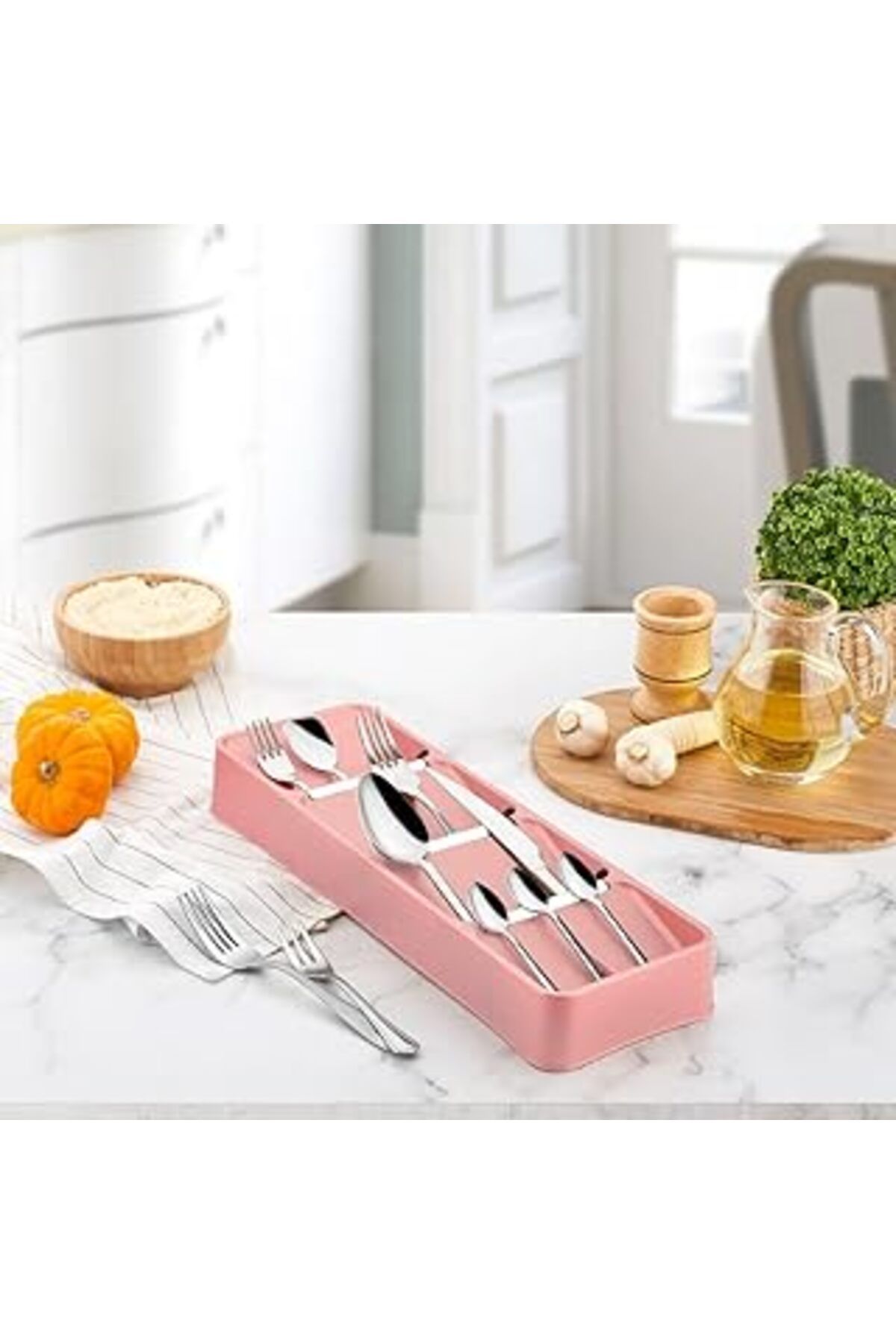 Hepta Collection Porsima Org-86 8118 Pembe Beyaz Kaşıklık 4 Bölmeli Yeni Nesil Kaşıklık Çatal Kaşık Bıçak Organizeri
