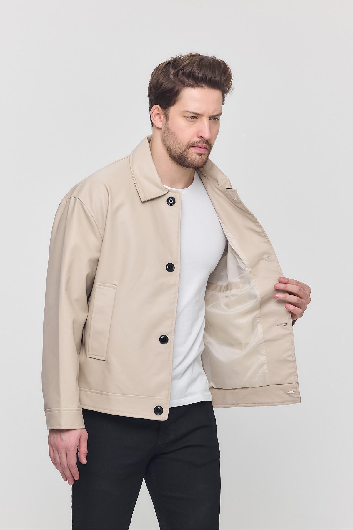 Krem Erkek Basic Suni Deri Yazlık Ceket & Mont görsel 4