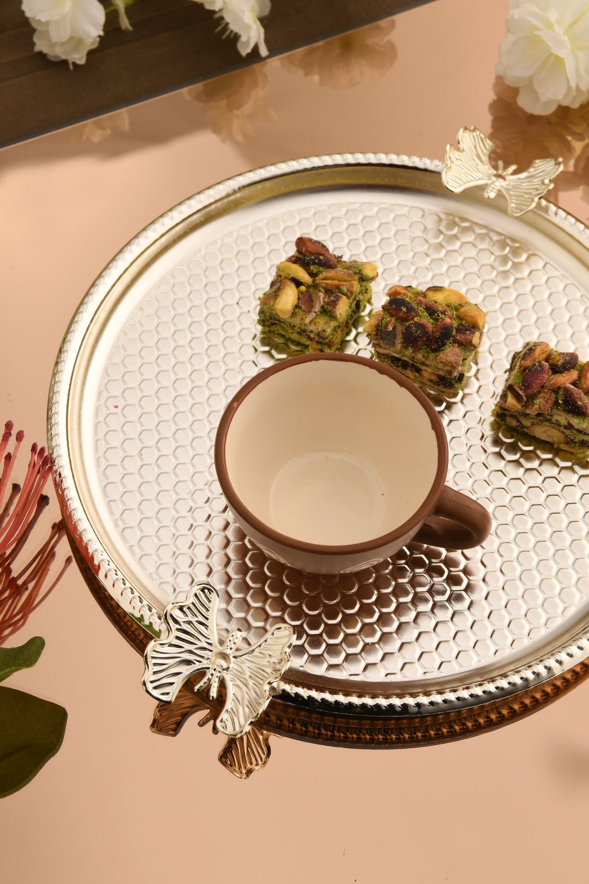 AKSESUAR EVRENİ-Iren Round Honeycomb Model Butterfly Detailed Presentation Tray Silver 1 Piece 6