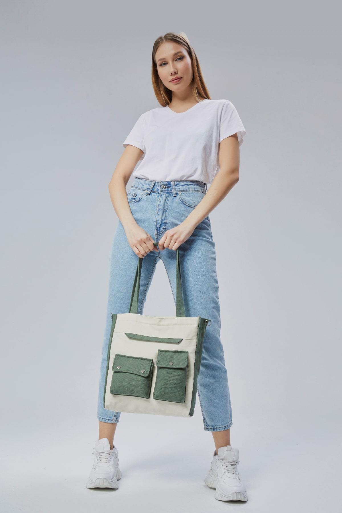 Çınar Bez Çanta  Kanvas Ön Cepleri Çıtlı Çanta (Mint Yeşili-Ekru) - Görsel 7