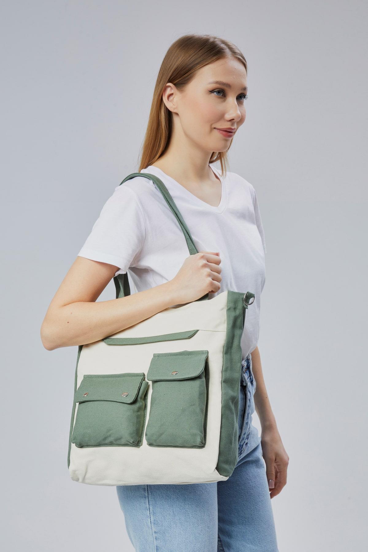 Çınar Bez Çanta  Kanvas Ön Cepleri Çıtlı Çanta (Mint Yeşili-Ekru) - Görsel 2