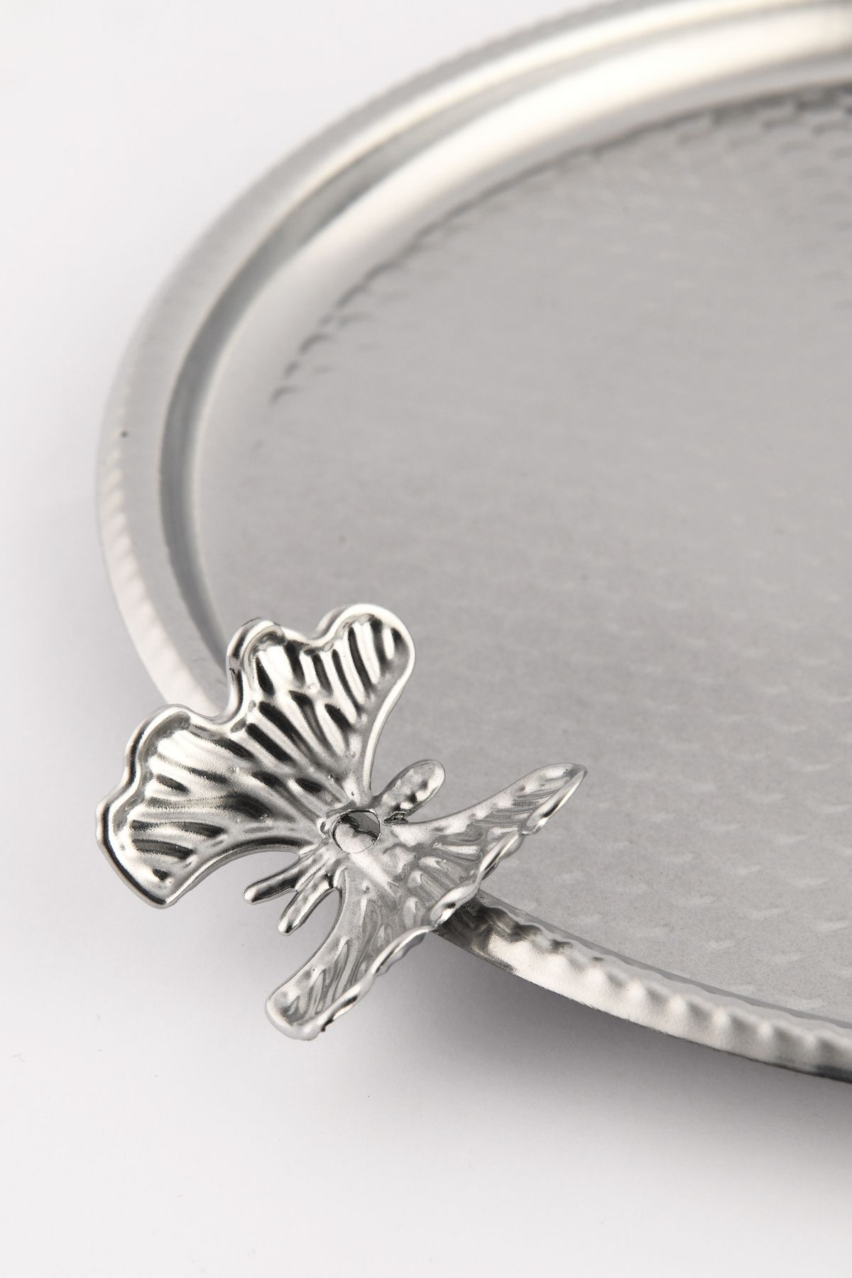 AKSESUAR EVRENİ-Iren Round Honeycomb Model Butterfly Detailed Presentation Tray Silver 1 Piece 8