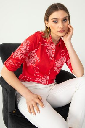 Nuevo Kırmızı Zincir Kol Katlamalı Keten Gömlek