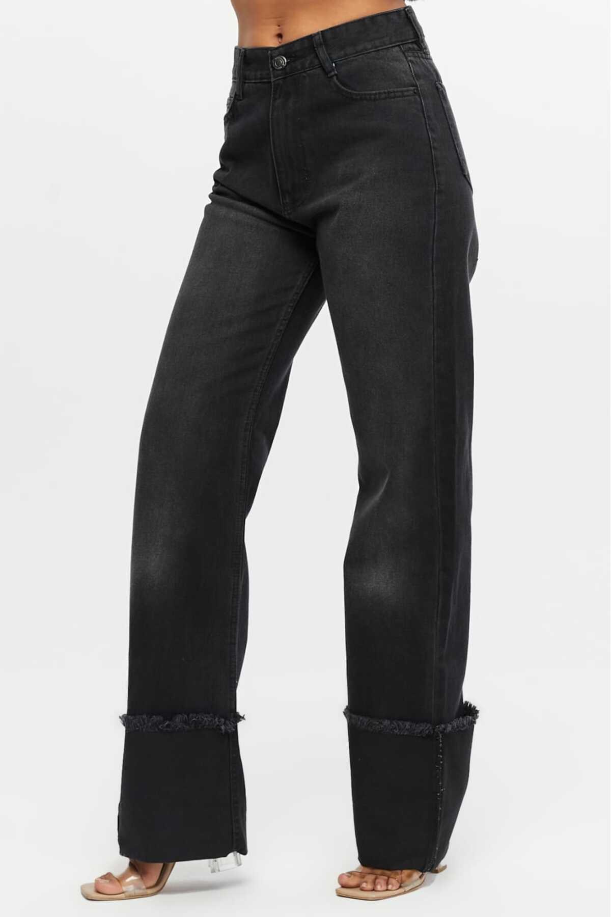 SHEVEGA-Women's Black Stitched Reverse Leg Tassel Wide Leg Jeans Jeans Pants 3
