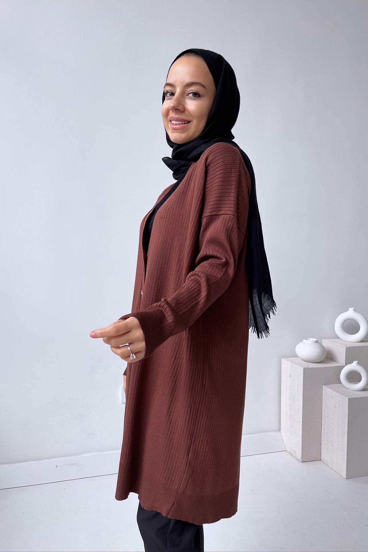 Ka Hijab-Ζακέτα Mercerized με ραβδώσεις - Καφέ 1