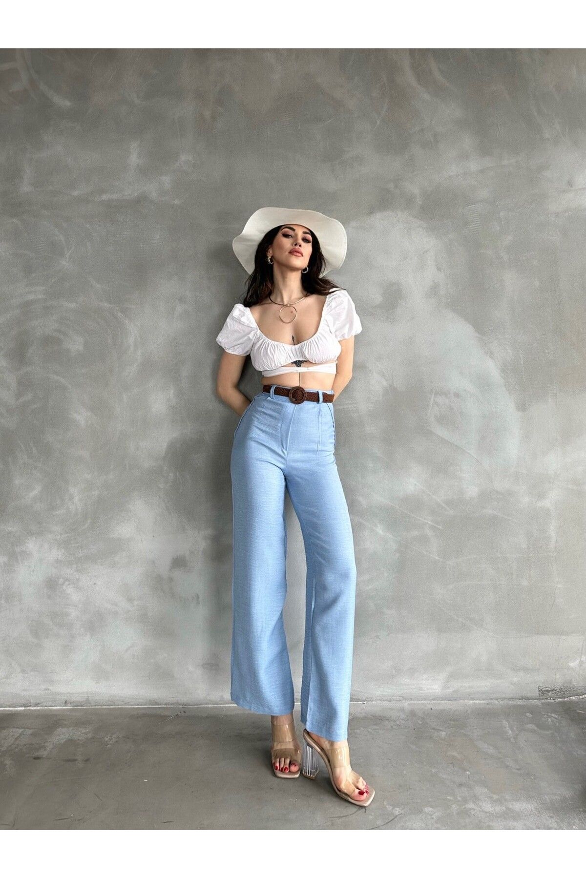 Pink Stil Beli Kemerli Keten Pantolon