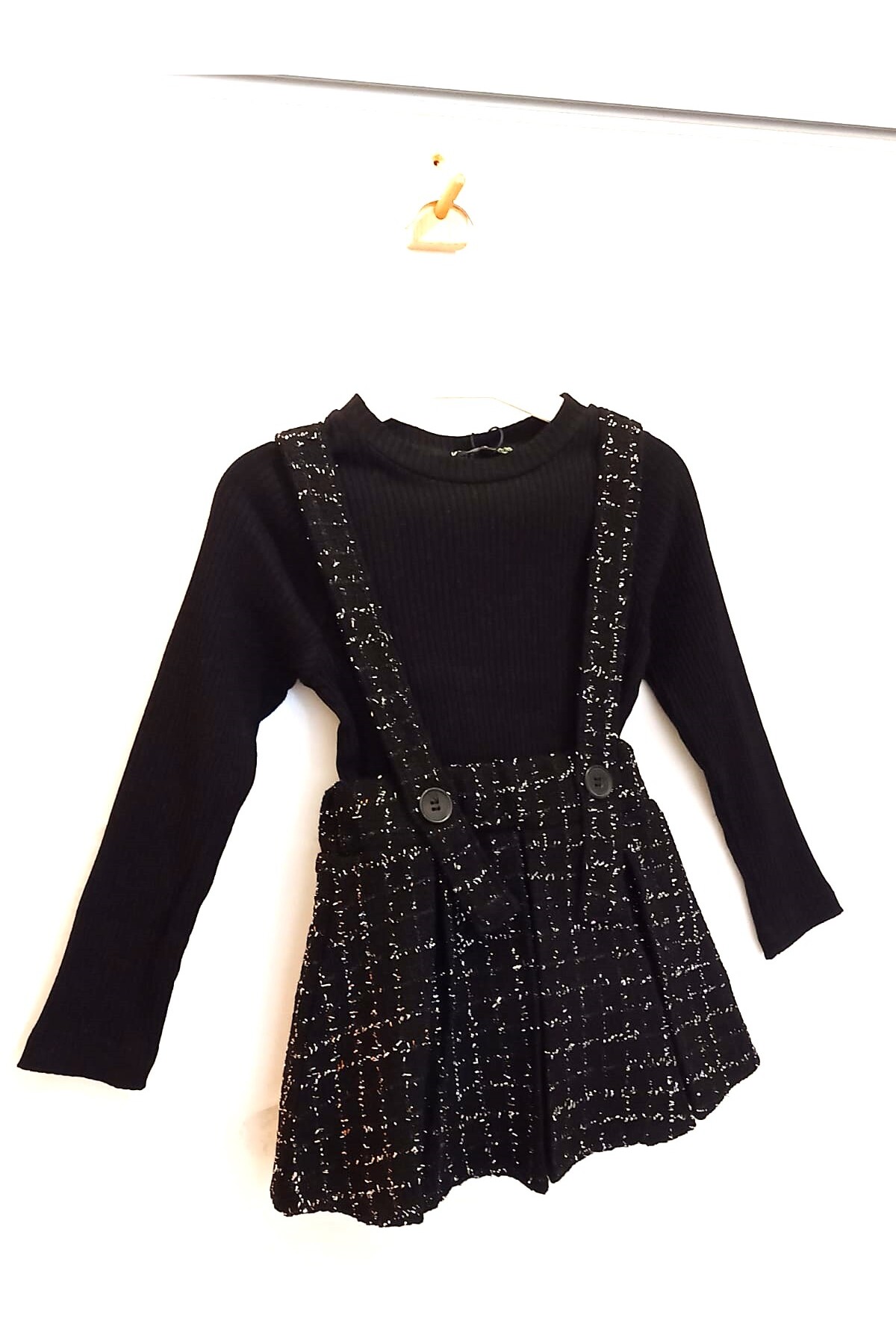 Happy Kids (9Ay-5Yaş Arası)Kız Çocuk Kendinden Simli Piliseli Salopet Jile Elbise-Kaşkorse Fitilli Body(2'li) fotoğrafı 2 (önizleme)