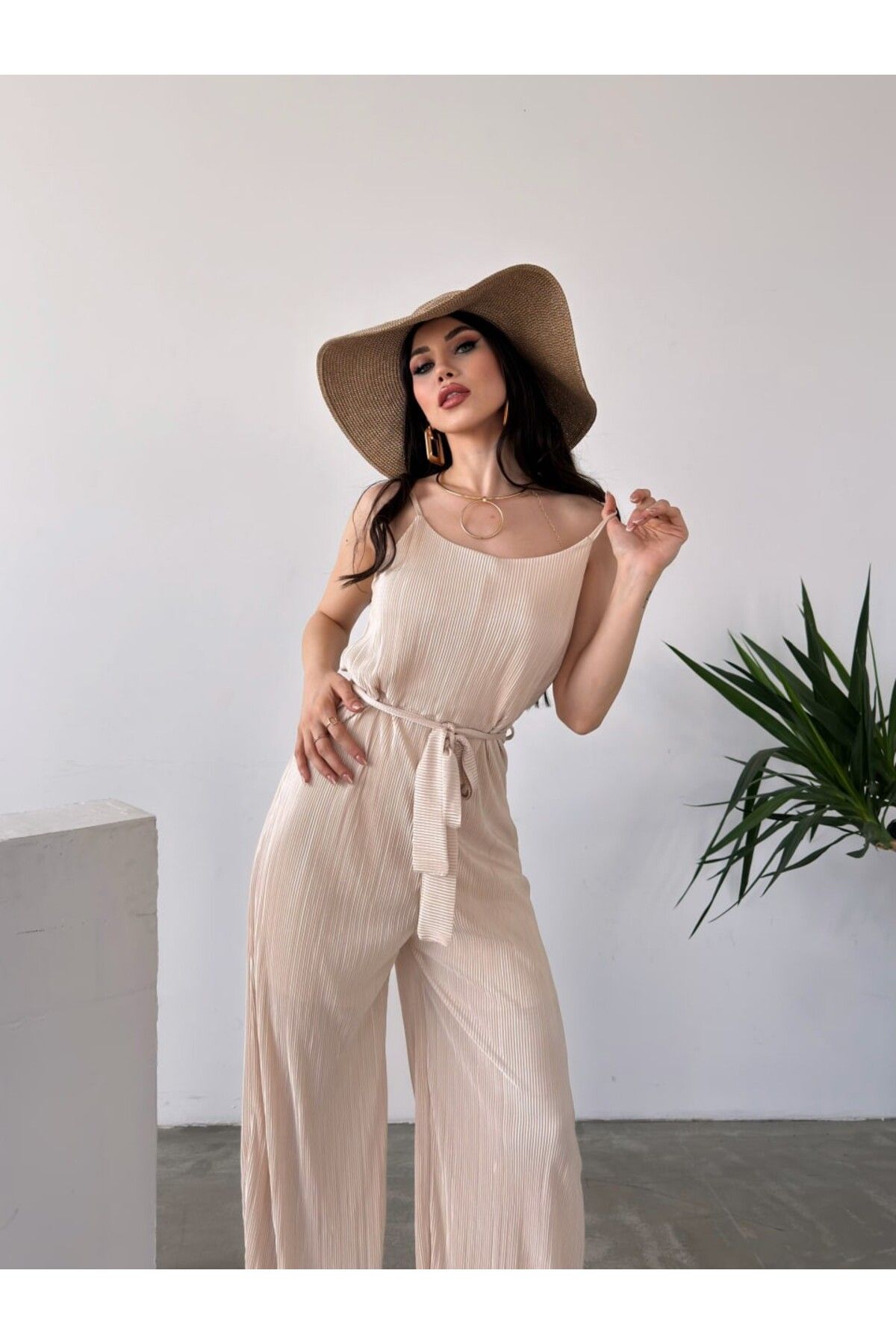 Pink Stil İp Askılı Kuşaklı Krinkle Tulum