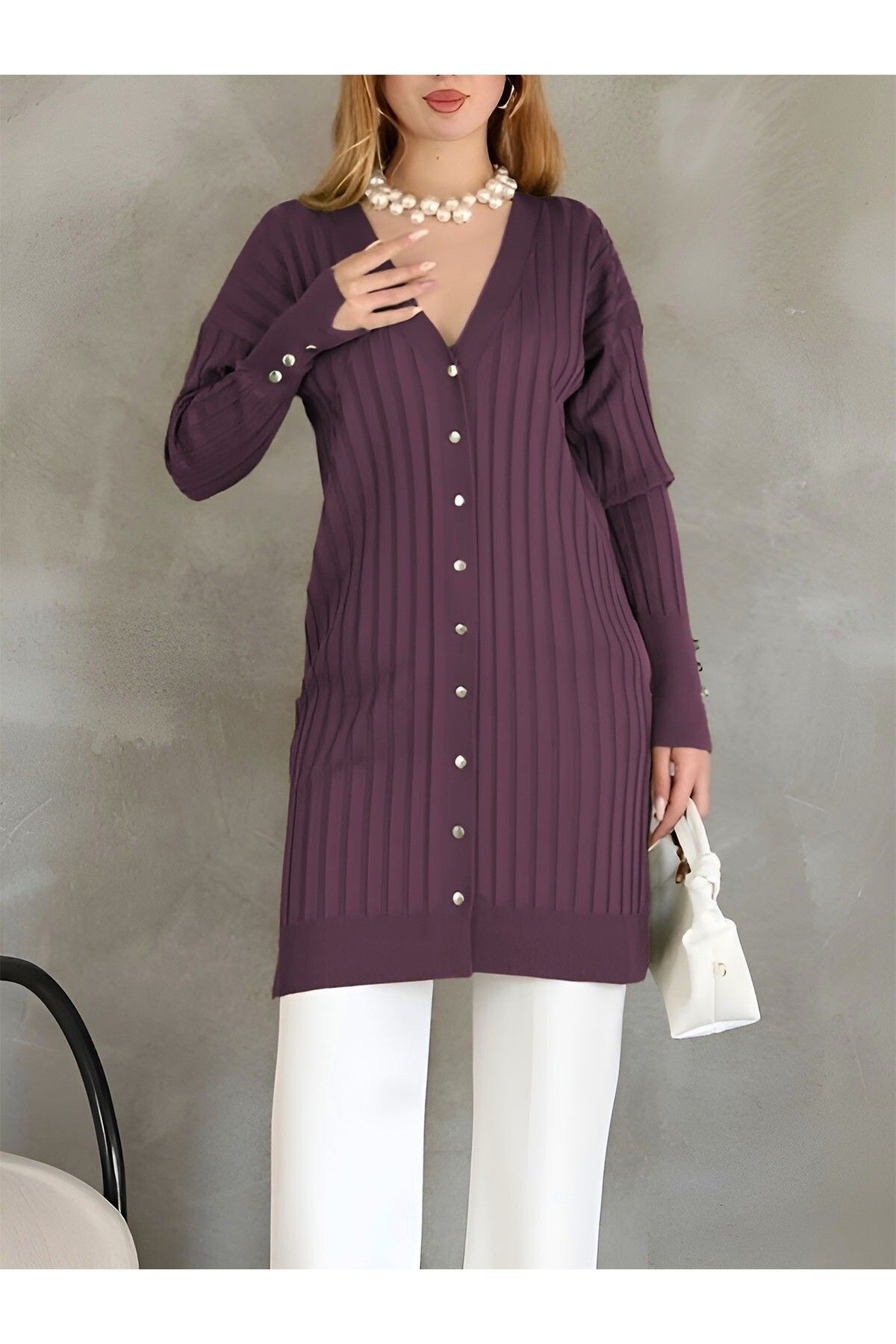 Modamorfo-Cardigan din tricot cu nasturi metalice - Roșu Claret 1