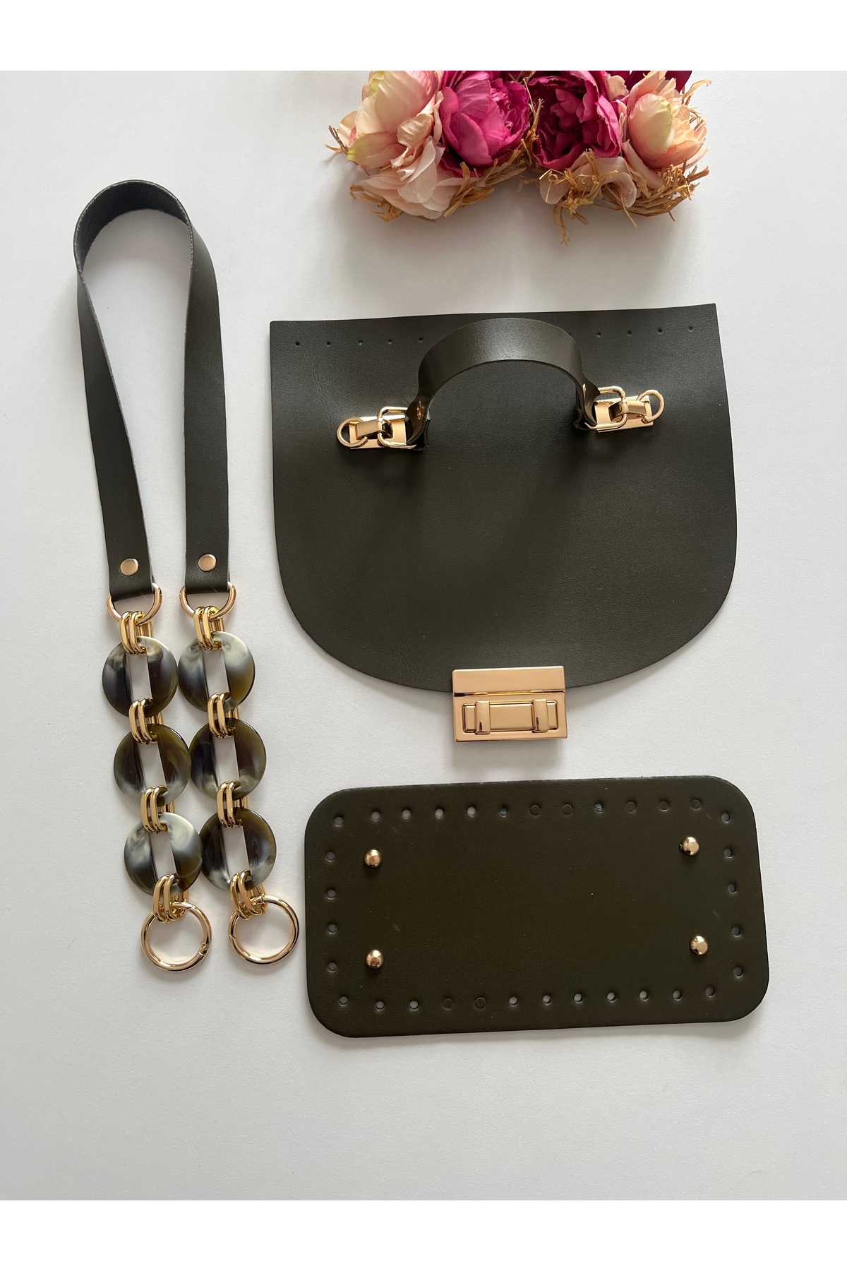 Acrylic handle , leather cover and base set for knitted bags Khaki Color