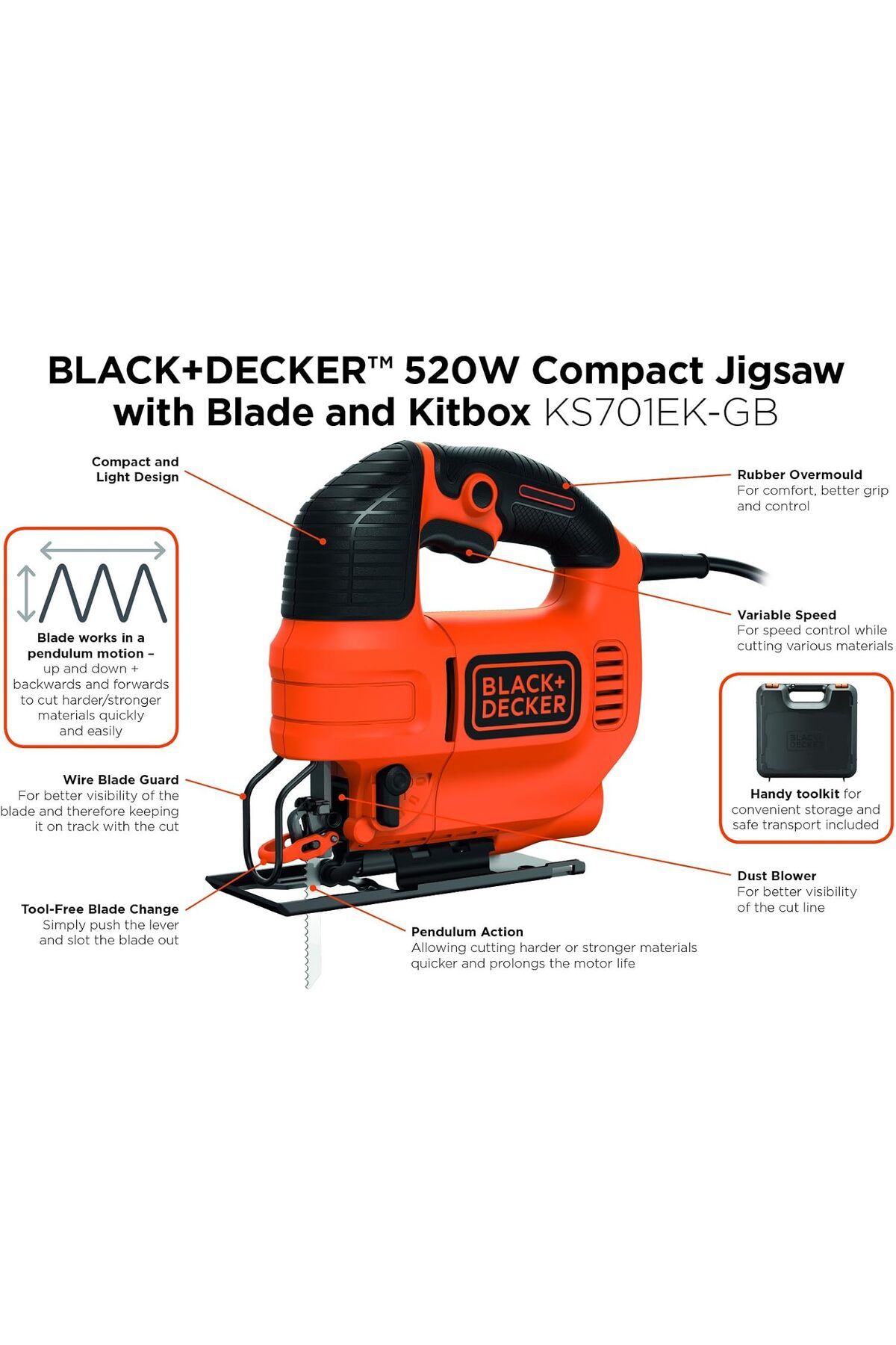 Black&Decker-Variable Speed Compact Jigsaw, 520W, Ergonomic Design, Lock-On Switch, Dust Extraction, 4