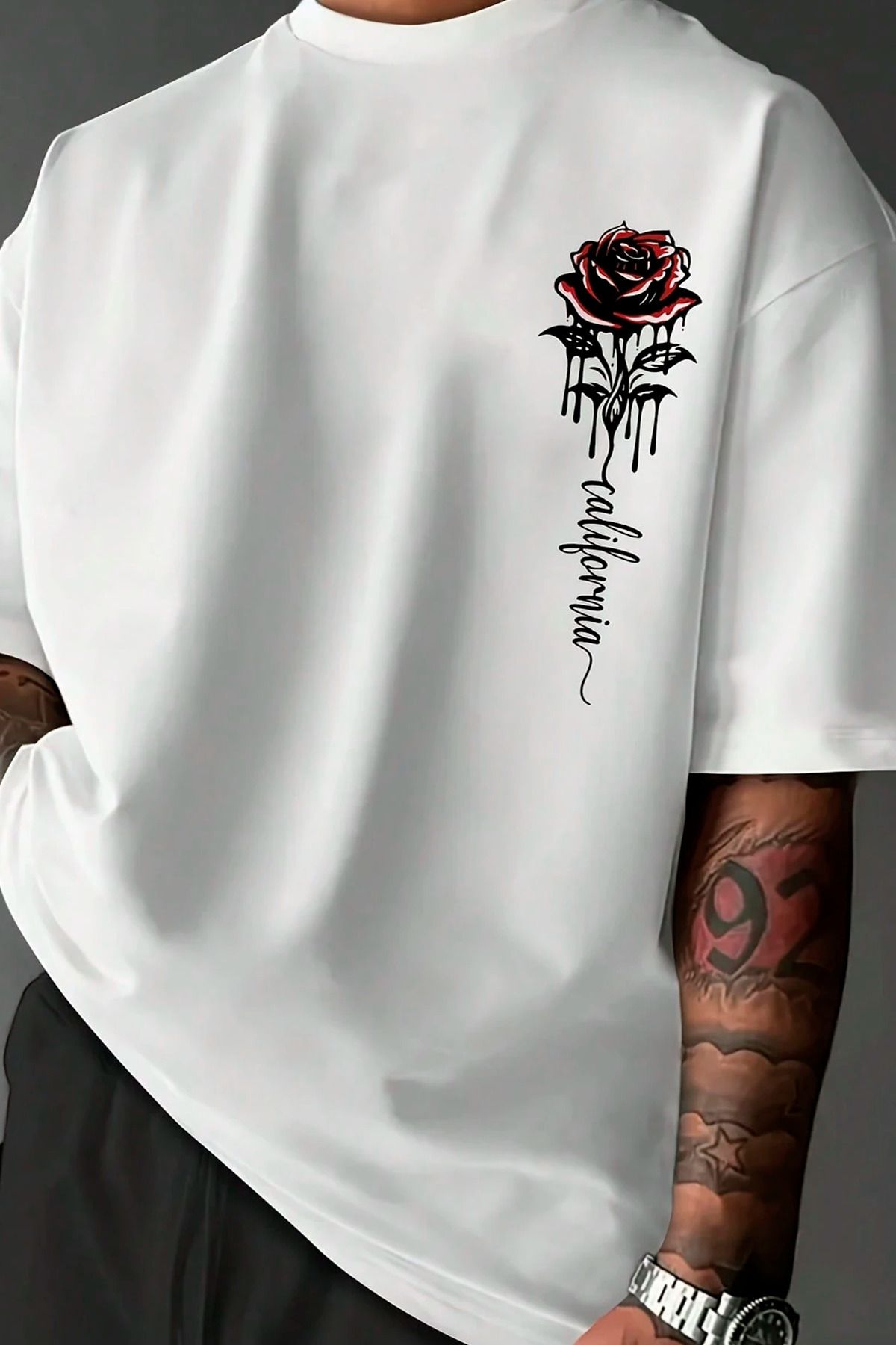GIANTSTORE Rose California Baskılı Oversize Bisiklet Yaka Erkek Beyaz T-shirt