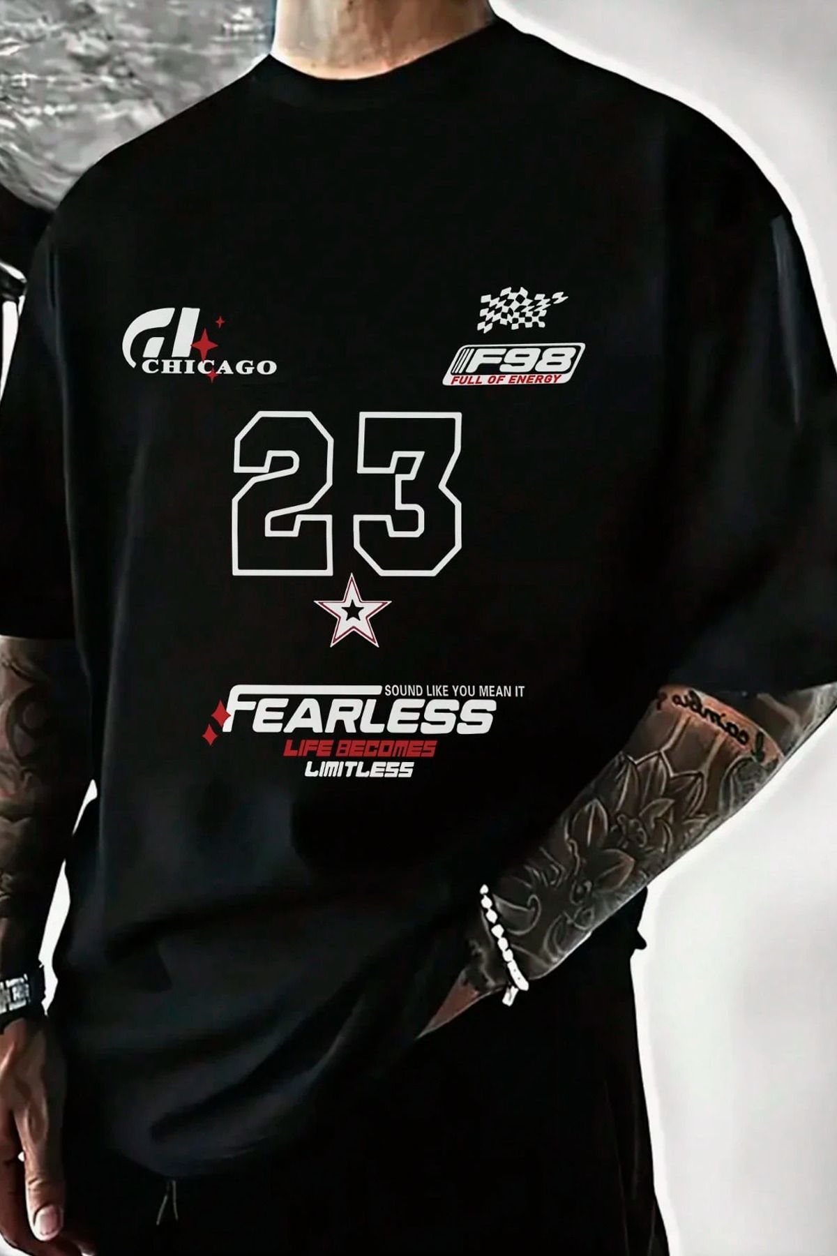 GIANTSTORE Fearless Baskılı Oversize Bisiklet Yaka Erkek Siyah T-shirt