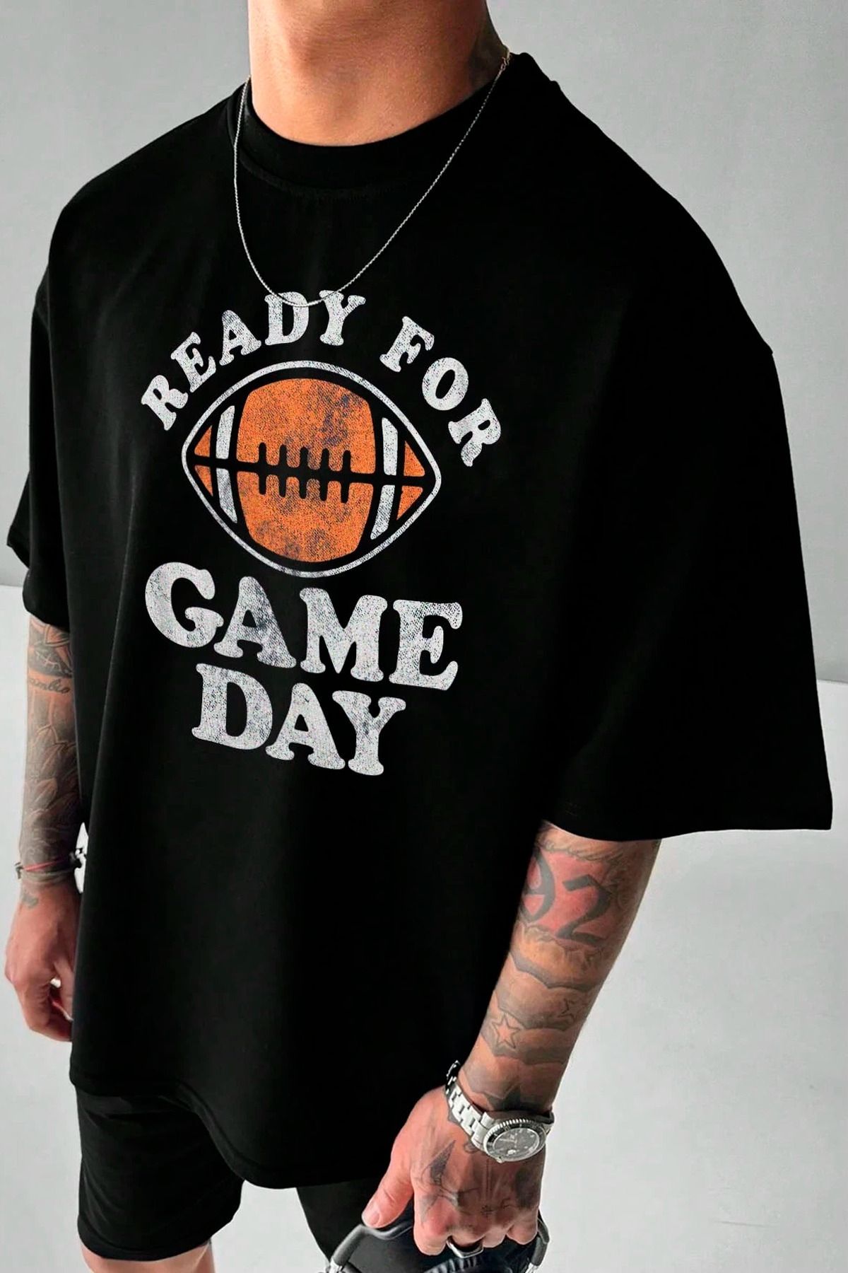 GIANTSTORE Game Day Baskılı Oversize Bisiklet Yaka Erkek Siyah T-shirt