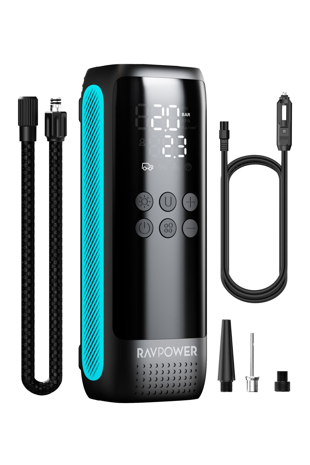 RavPower-Ravbower Tire Inflator – Without Battery-, Car Lighter-Powered with 45L/Min Power + LED Flashlight- 1