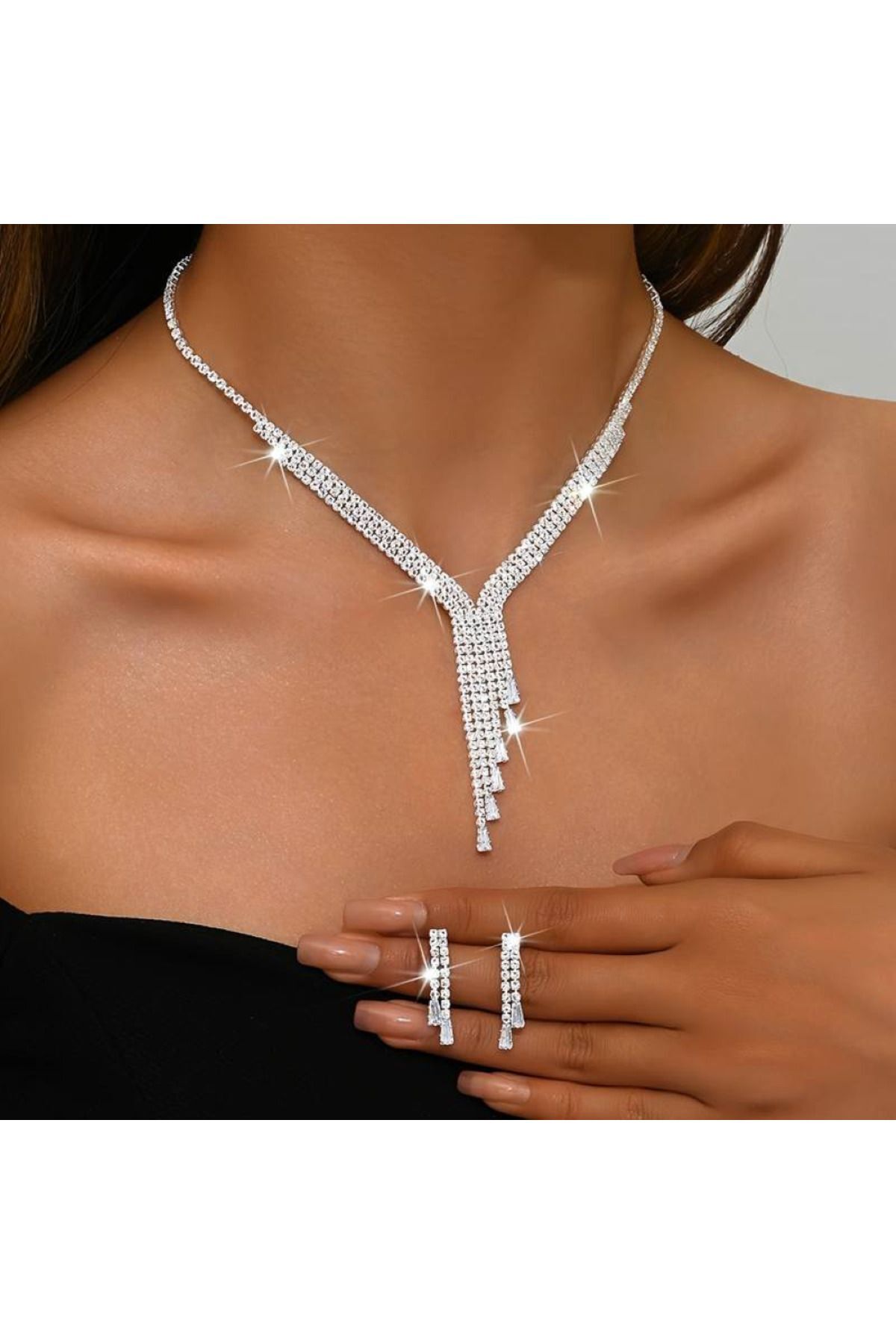 Zirkon Taşlı Saçaklı Victoria Model Takı Seti, Luxury Takı, Düğün Takısı, Hediye Takı, Gece Takısı