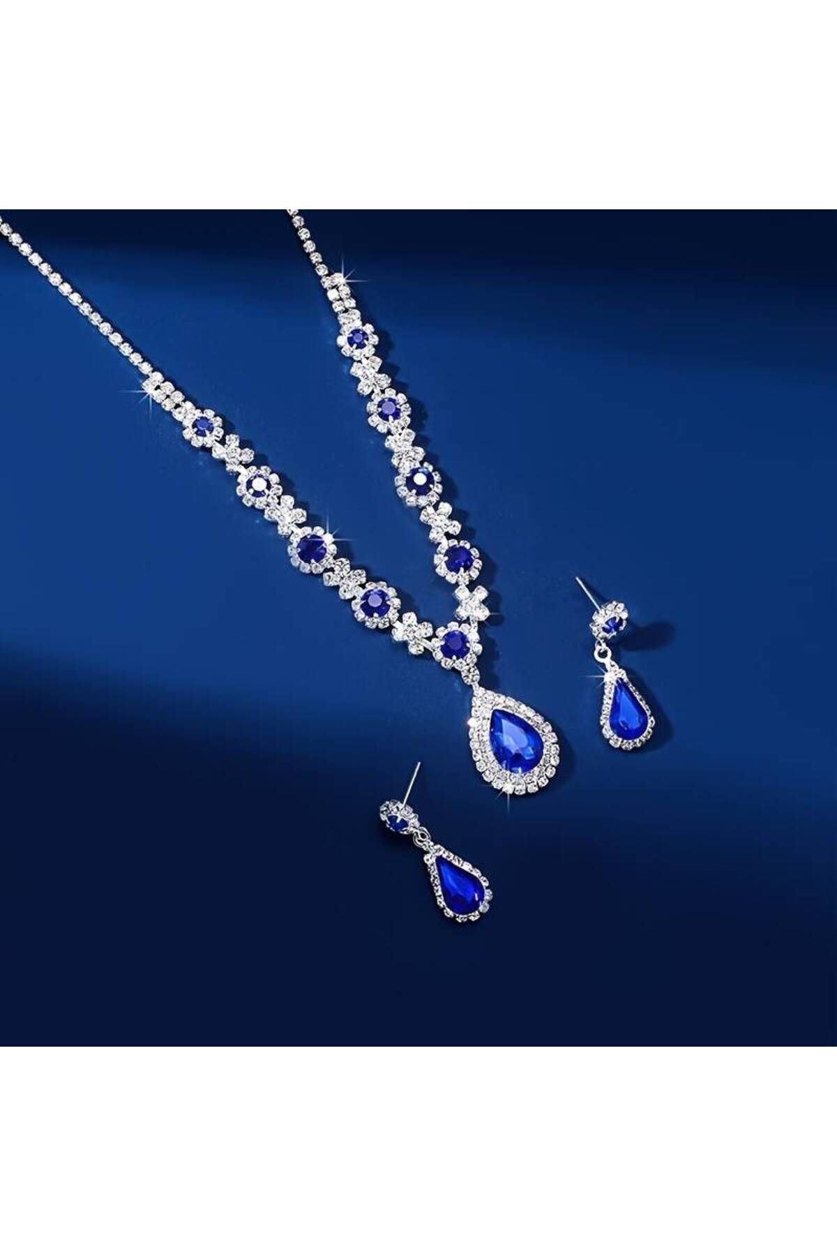 Mavi Kristal Taşlı Kolye Ve Küpe Seti Özel Günler Seti Düğün Seti Nişan Abiye Seti Gelin Takısı