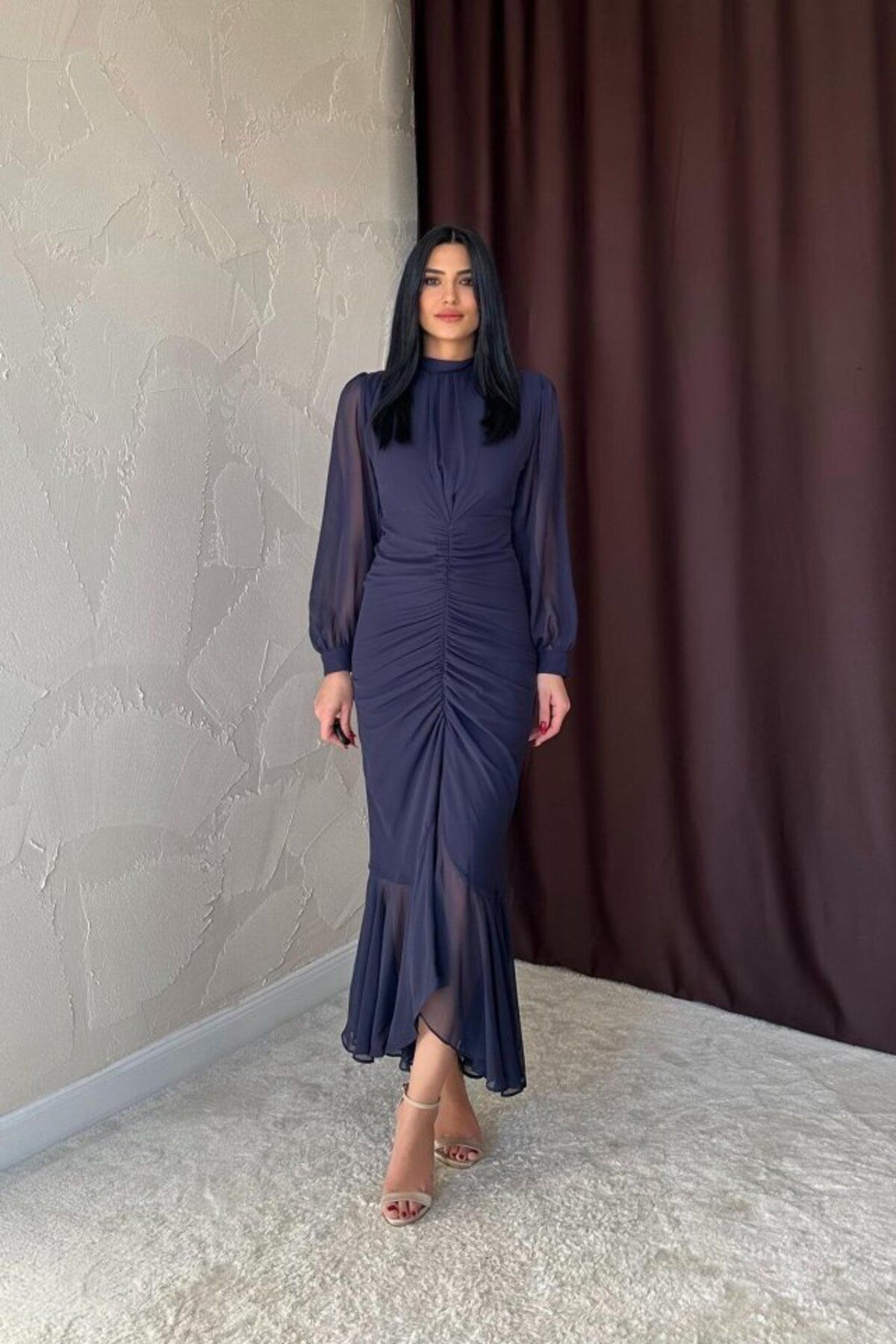 ASFSTORE Lacivert Önü Büzgülü Şifon Elbise