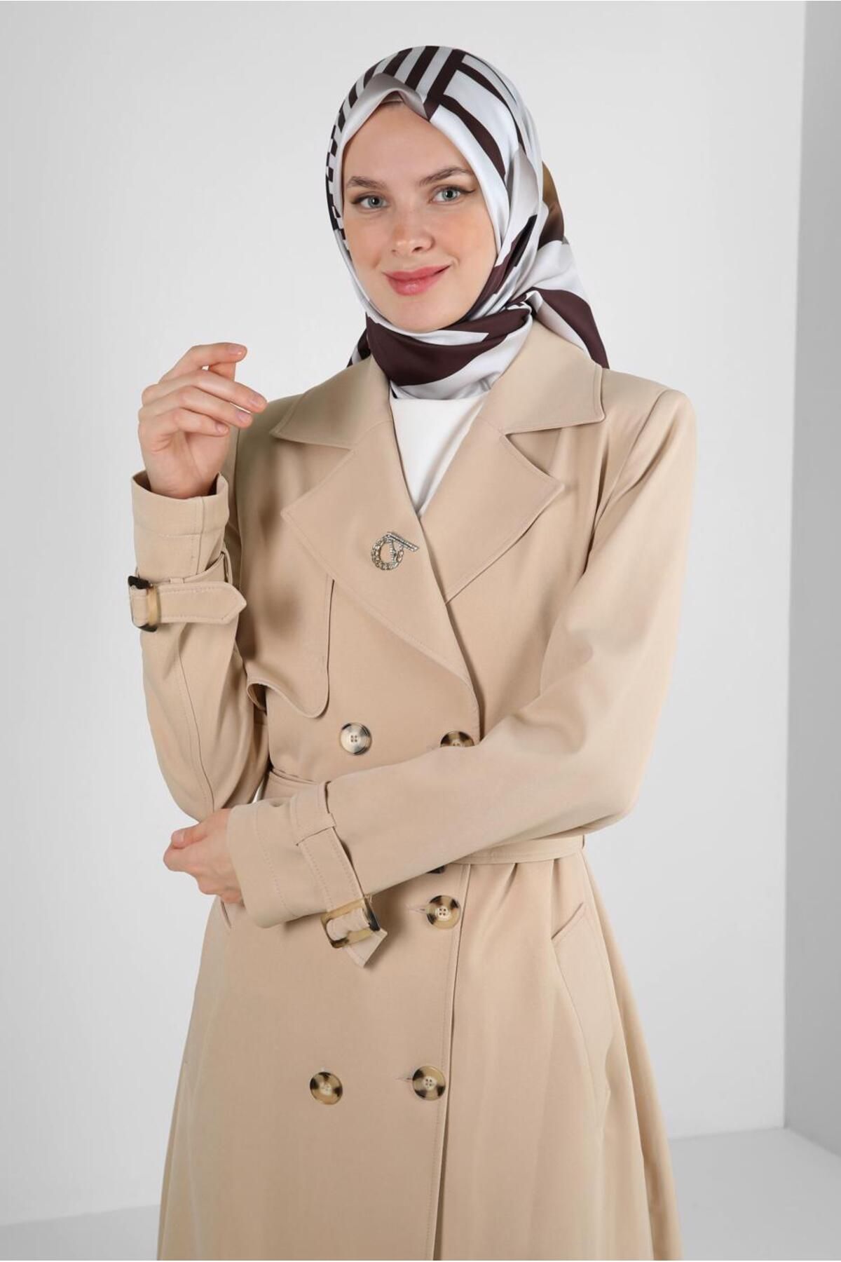 مانتو ترنچ یقه دوبل بنددار 10751 Alvina