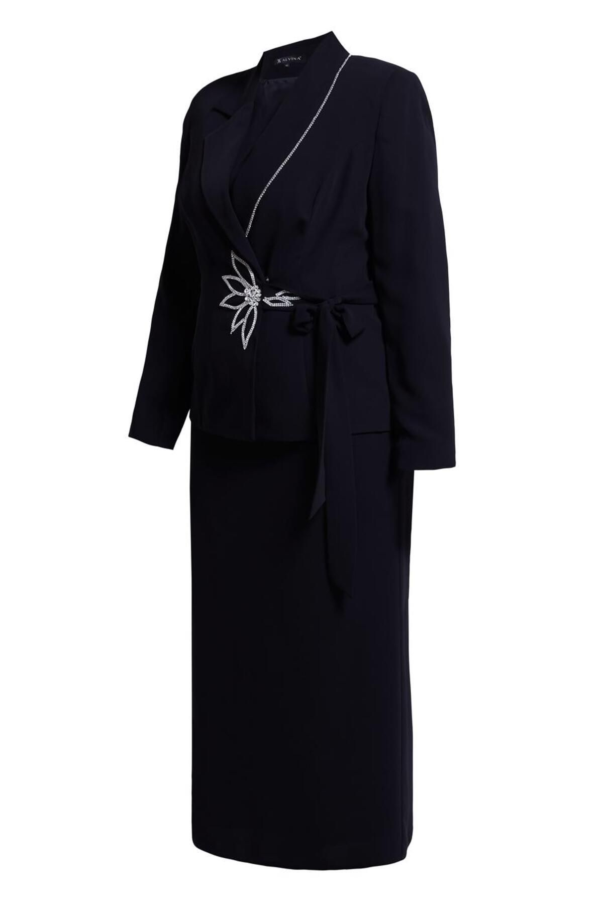 ست بالاپایین پوشیده سیاه زنانه تیم دامن سه گانه جزئیات سنگ 30353 آلوینا Alvina