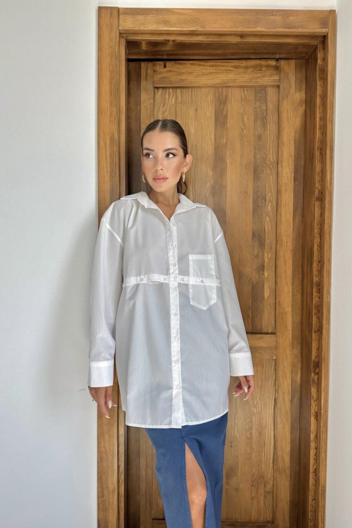 MRA Fashion Beyaz Beli Ayrılabilen Poplin Gömlek