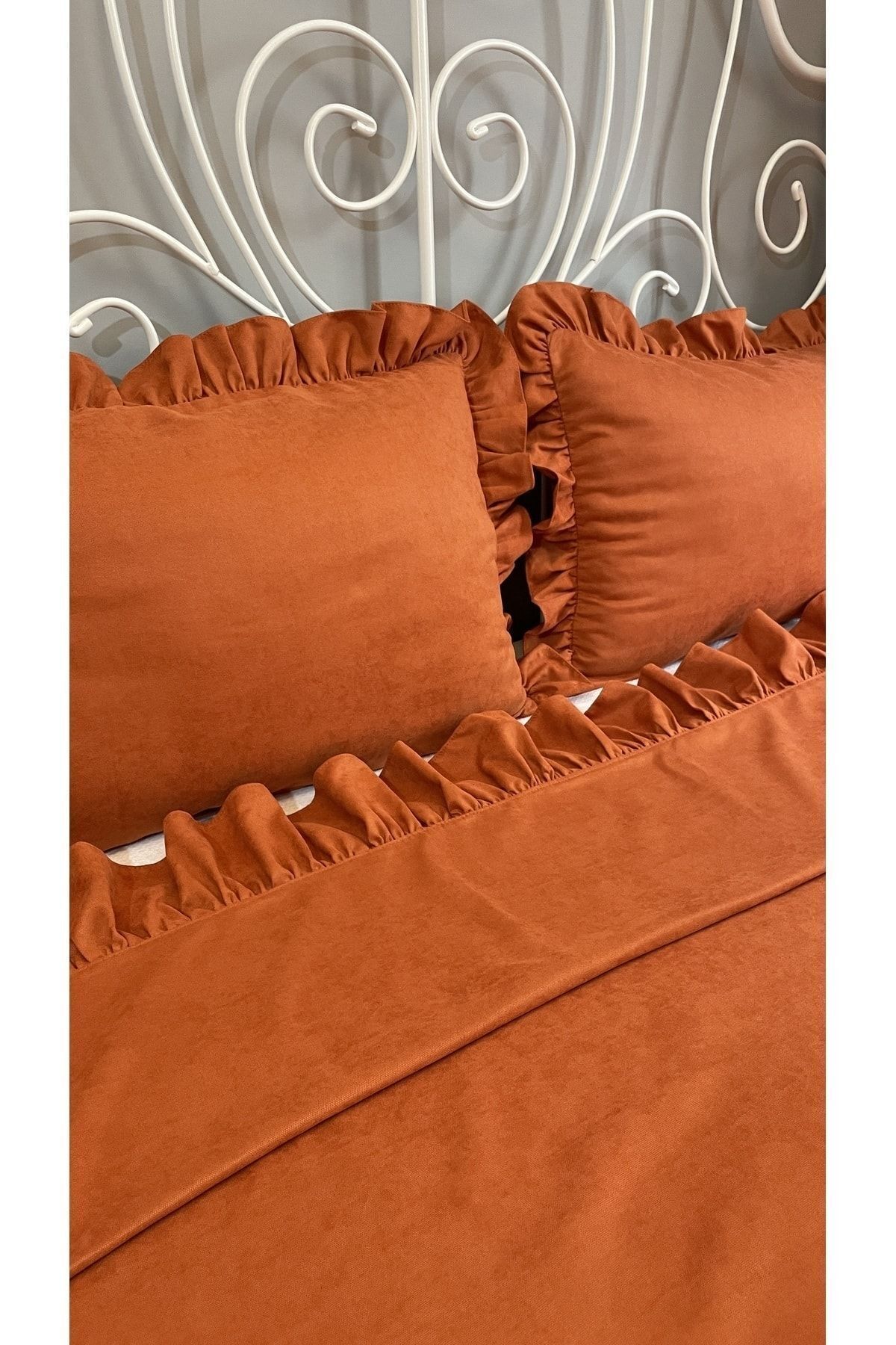 Decamor home-Tile Cinnamon Color Ruffle Bedspread Set Double 5