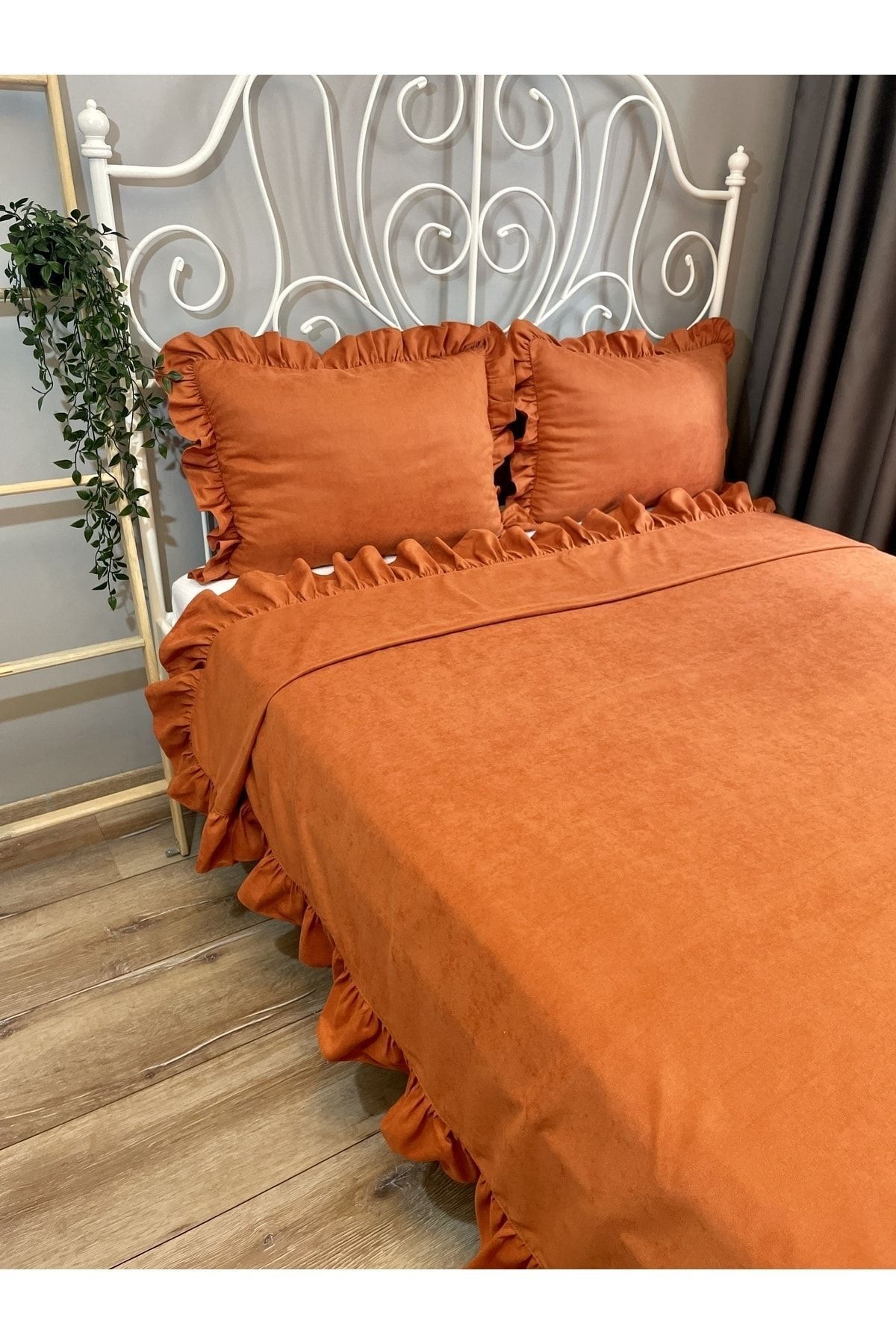 Decamor home-Tile Cinnamon Color Ruffle Bedspread Set Double 6